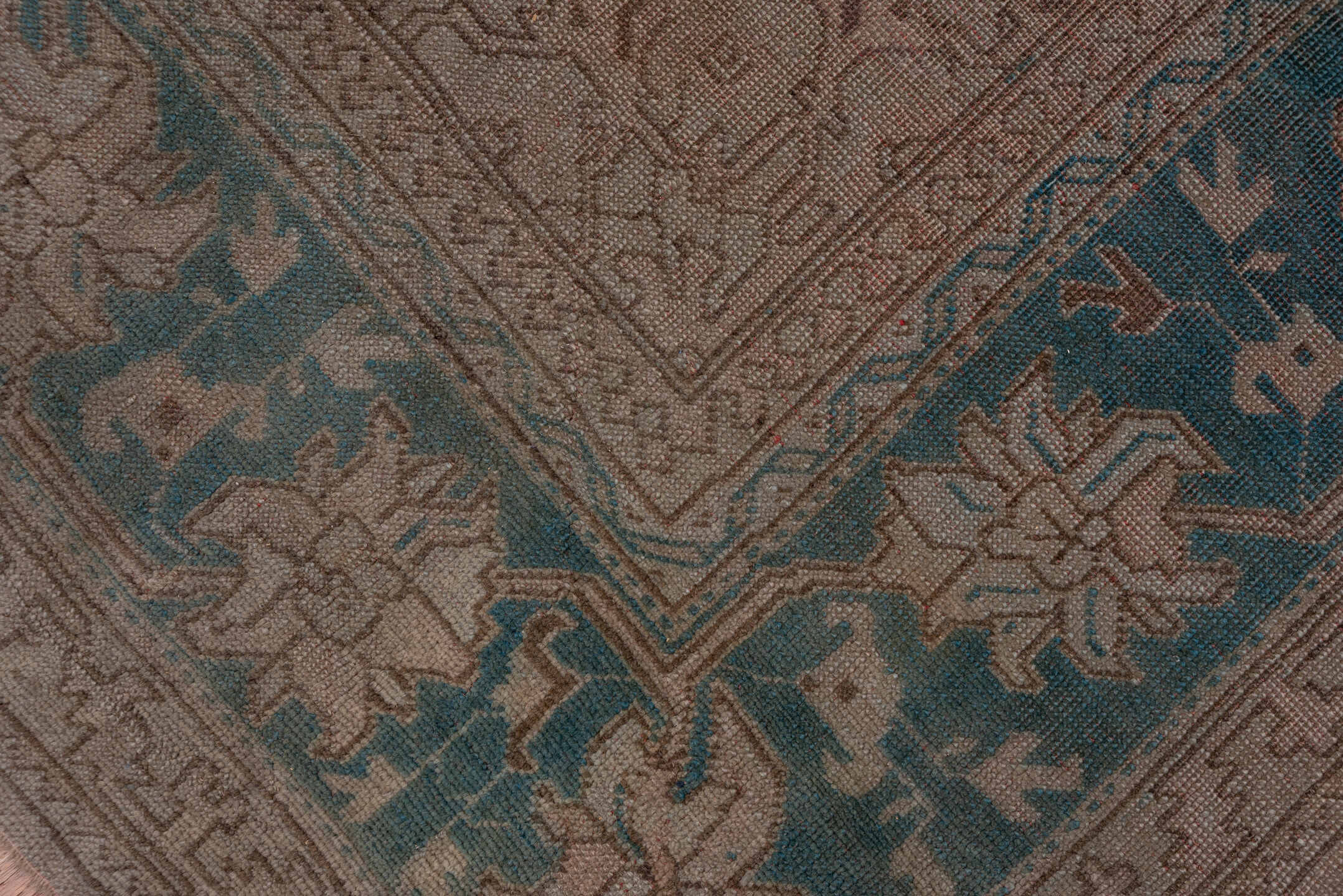 10' x 15' one-of-a-kind handmade antique Oushak rug. Color palette: taupe, dusty blue, beige, ivory, gray, camel, blue