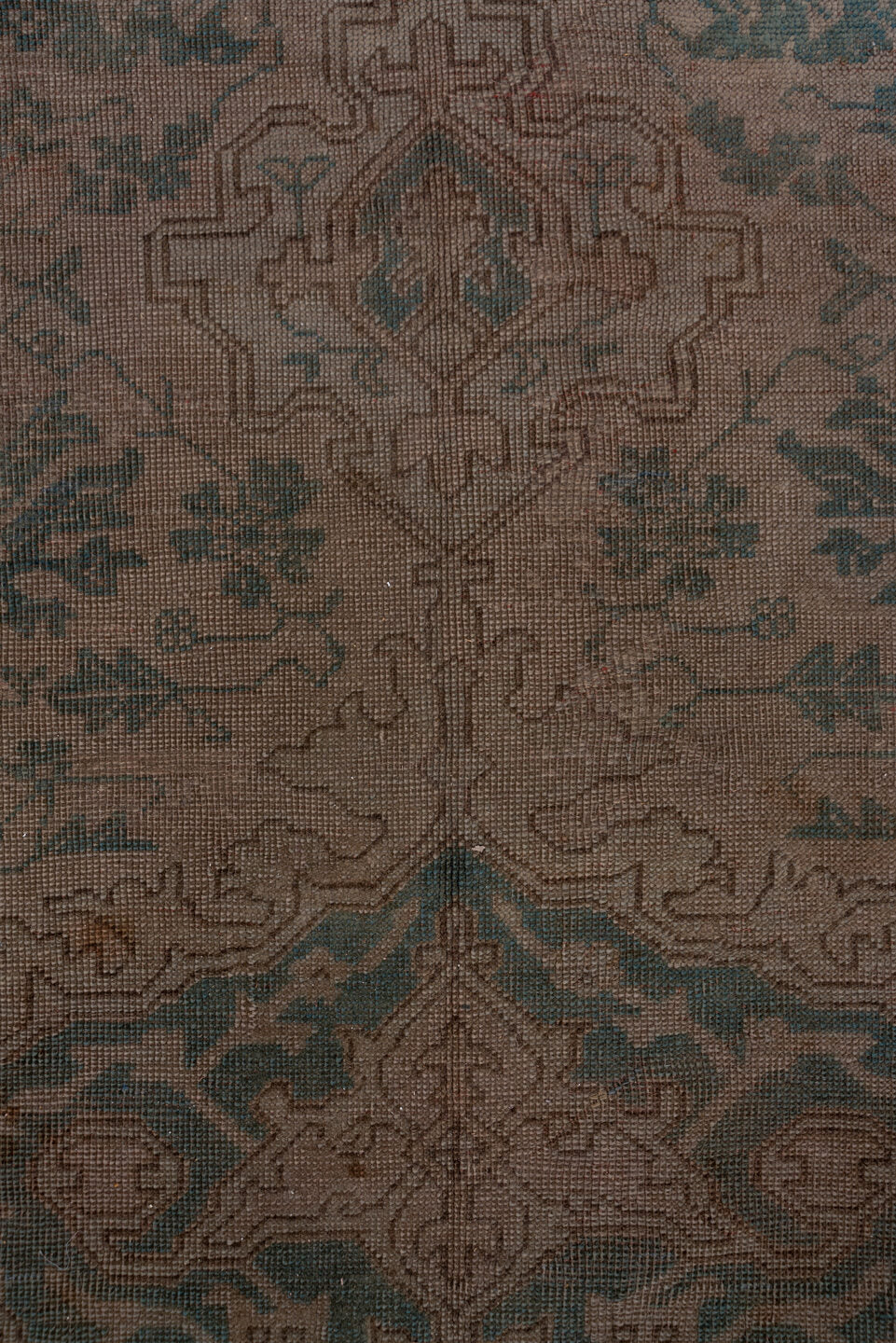 10' x 15' one-of-a-kind handmade antique Oushak rug. Color palette: taupe, dusty blue, beige, ivory, gray, camel, blue