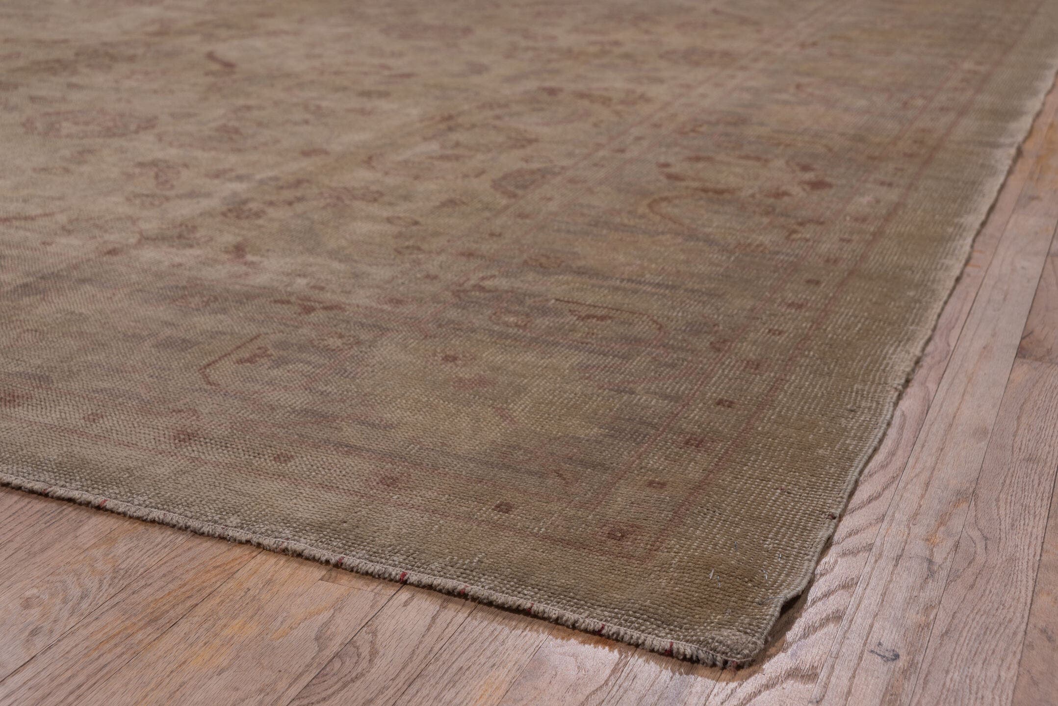 10' x 14' one-of-a-kind handmade antique Oushak large size rug. Color palette: taupe, ivory, dusty rose, pale blue, beige