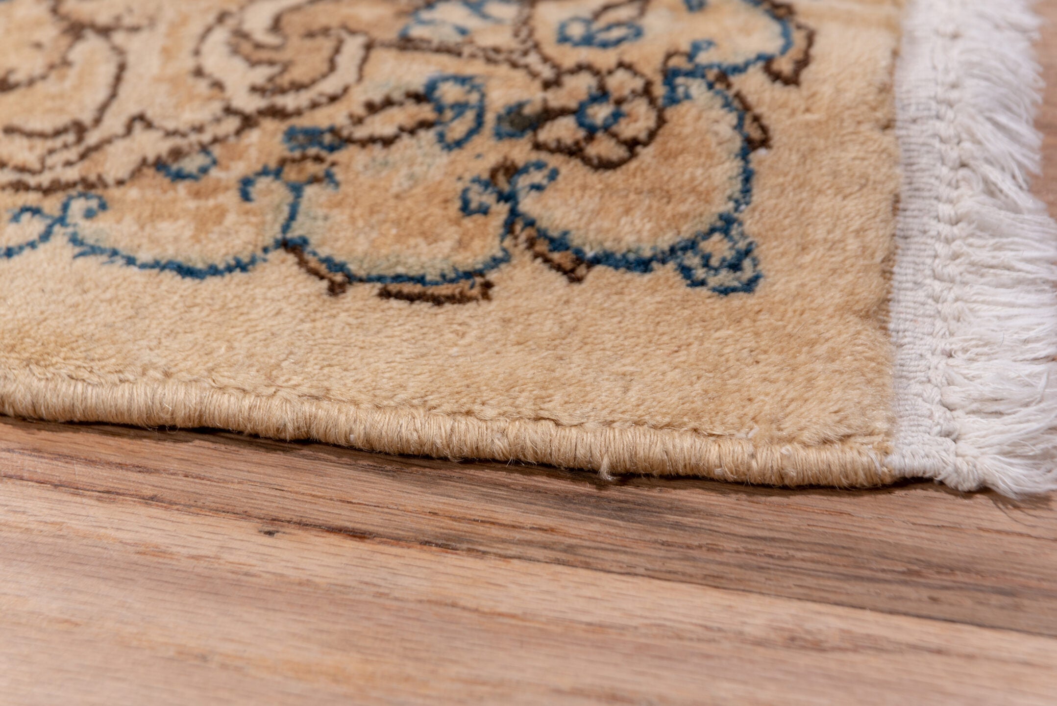 2' x 17' one-of-a-kind handmade vintage Kerman runner rug. Color palette: ivory, camel, sky_blue, taupe, brown, beige