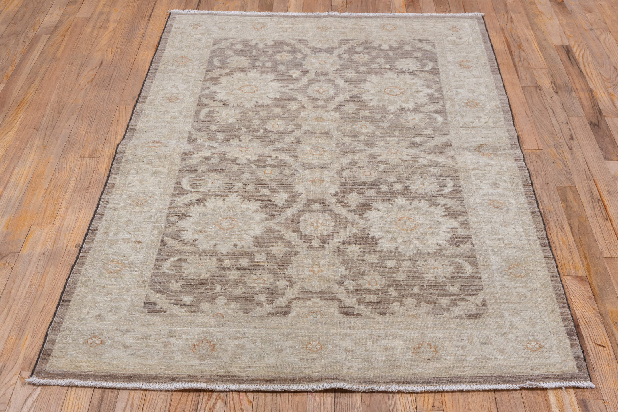 4' x 5' one-of-a-kind handmade vintage Sivas small size rug. Color palette: brown, gray, light gray, off-white, orange, pink