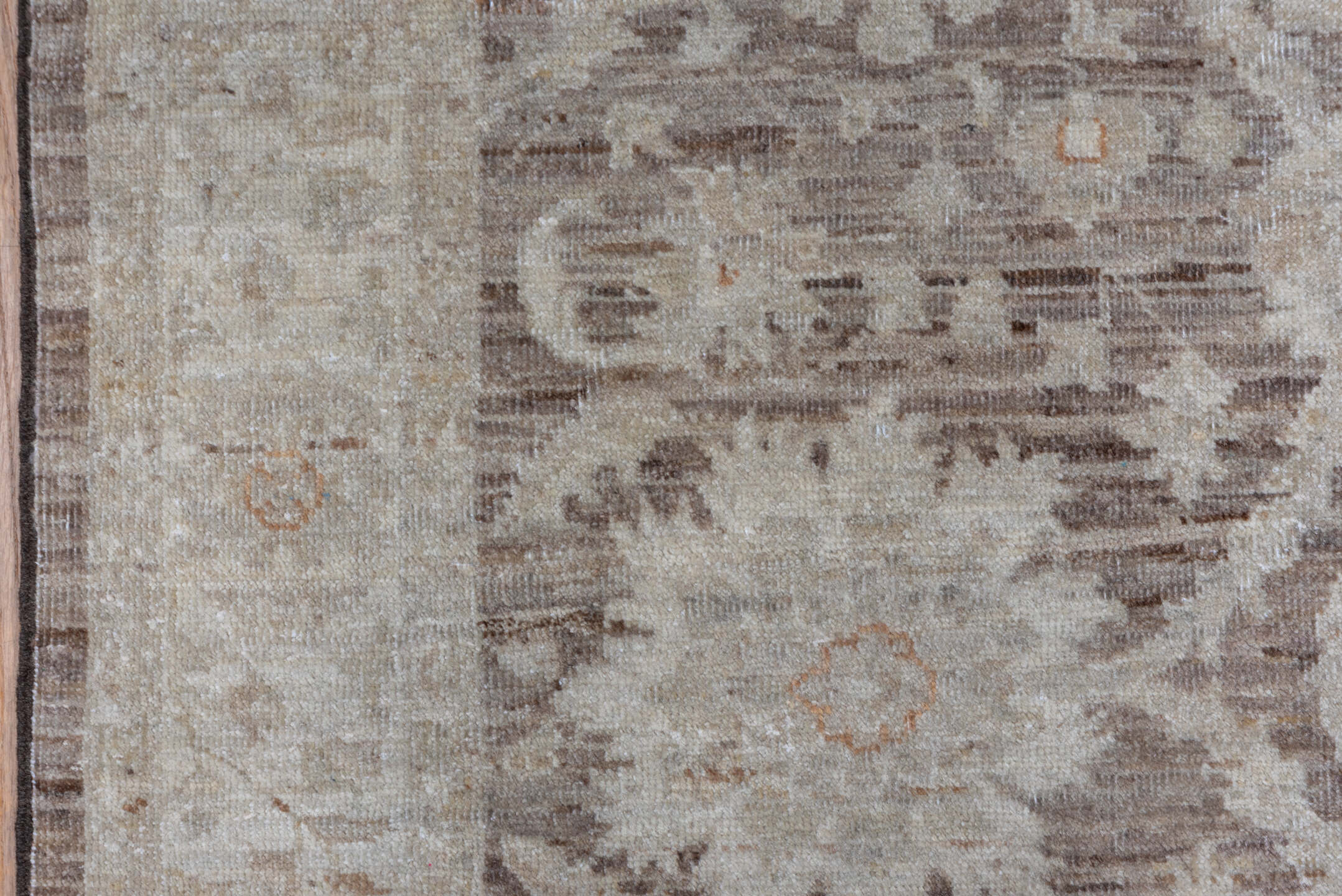 4' x 5' one-of-a-kind handmade vintage Sivas small size rug. Color palette: brown, gray, light gray, off-white, orange, pink