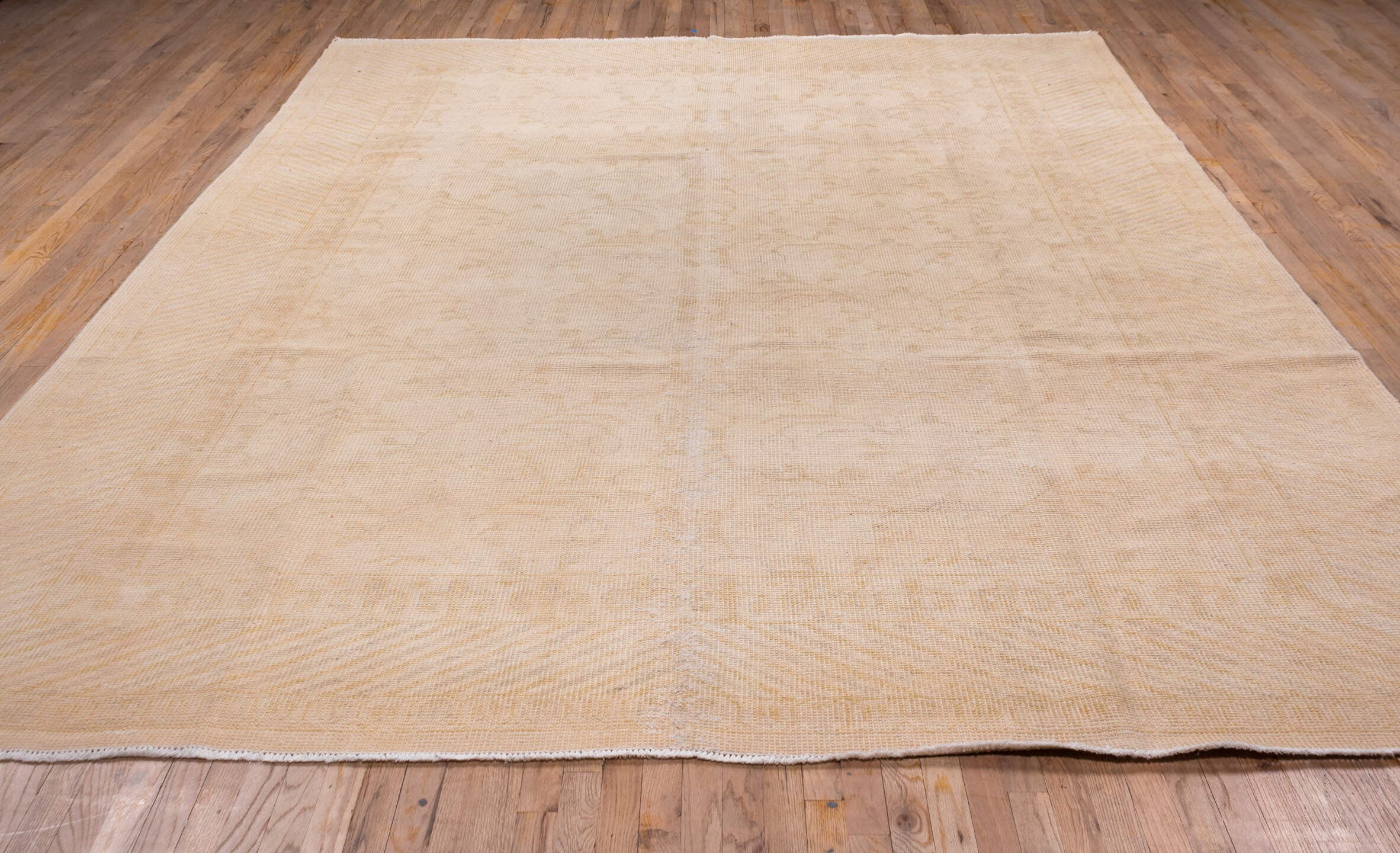 9' x 12' one-of-a-kind handmade vintage Oushak large size rug. Color palette: ivory, cream, peach, blush, beige, sand