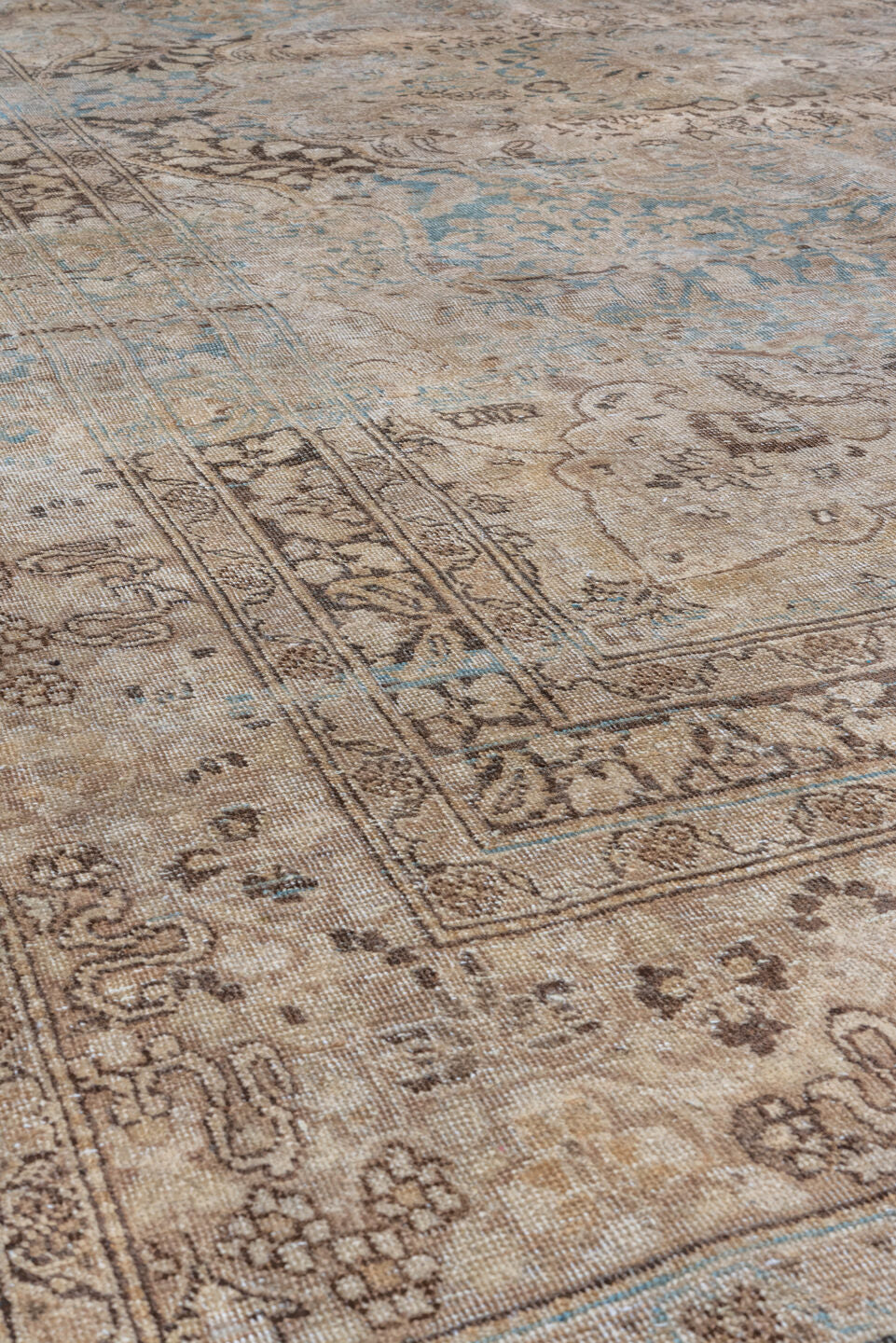 6' x 10' one-of-a-kind handmade antique Meshed large size rug. Color palette: taupe, ivory, brown, pale blue, beige
