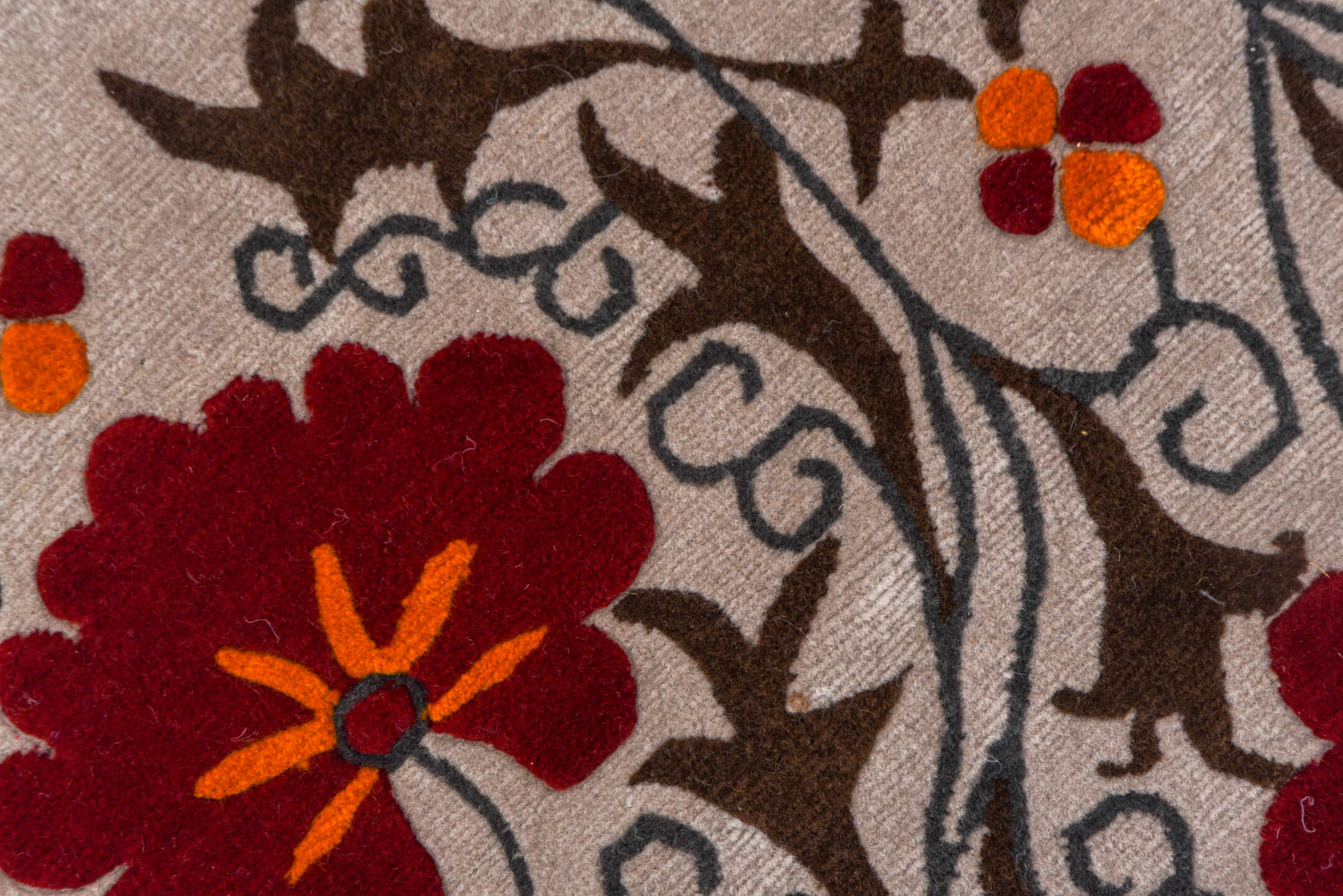 10' x 10' one-of-a-kind handmade vintage Tibetan oversize rug. Color palette: ivory, brown, crimson, rust, orange, red