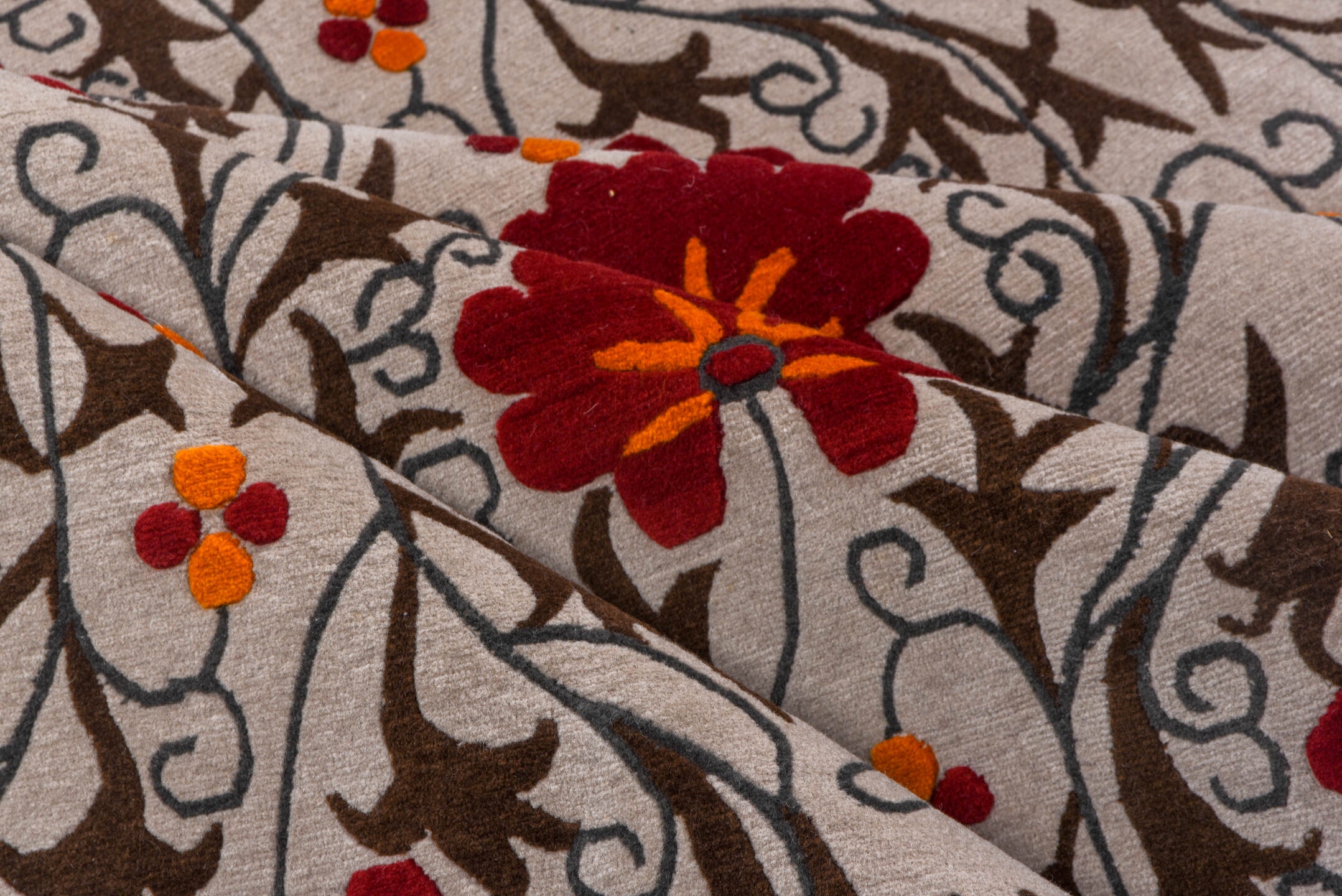 10' x 10' one-of-a-kind handmade vintage Tibetan oversize rug. Color palette: ivory, brown, crimson, rust, orange, red