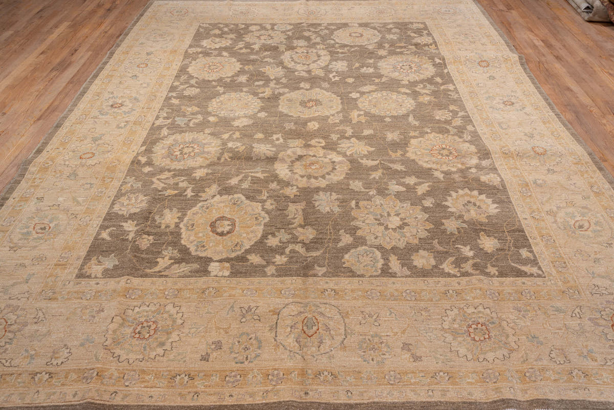 9' x 12' one-of-a-kind handmade vintage Peshawar large size rug. Color palette: taupe, ivory, sand, faded gold, beige