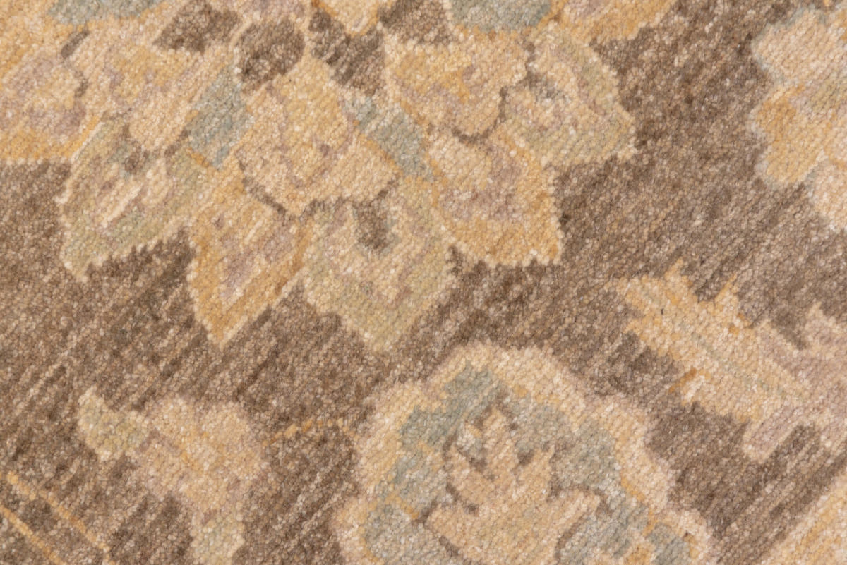 9' x 12' one-of-a-kind handmade vintage Peshawar large size rug. Color palette: taupe, ivory, sand, faded gold, beige