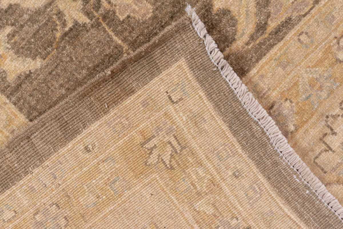9' x 12' one-of-a-kind handmade vintage Peshawar large size rug. Color palette: taupe, ivory, sand, faded gold, beige