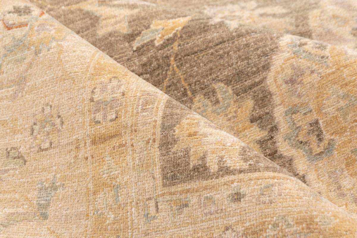 9' x 12' one-of-a-kind handmade vintage Peshawar large size rug. Color palette: taupe, ivory, sand, faded gold, beige