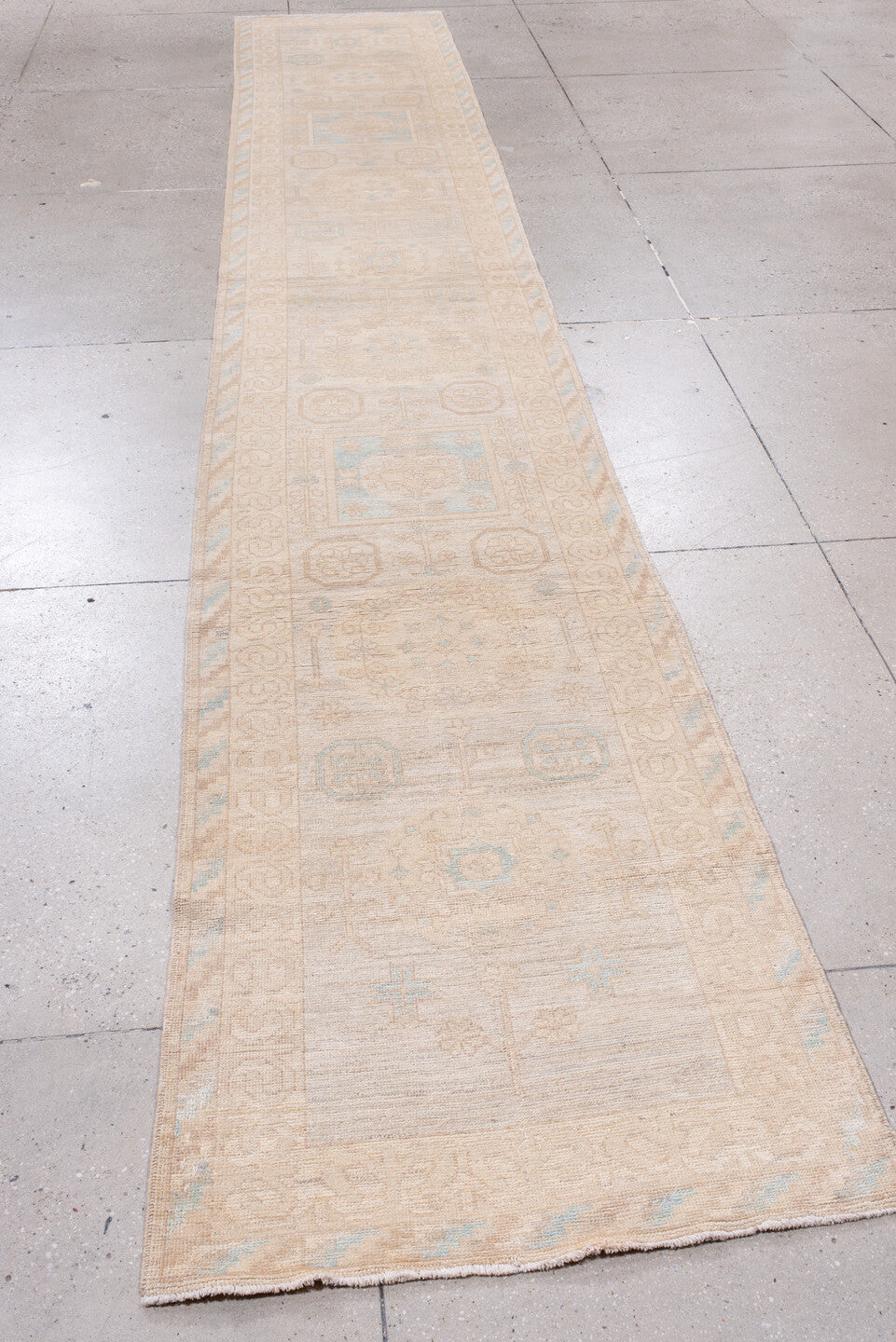 2' x 16' one-of-a-kind handmade vintage Khotan runner rug. Color palette: antiquewhite, gainsboro, gray, light gray, linen