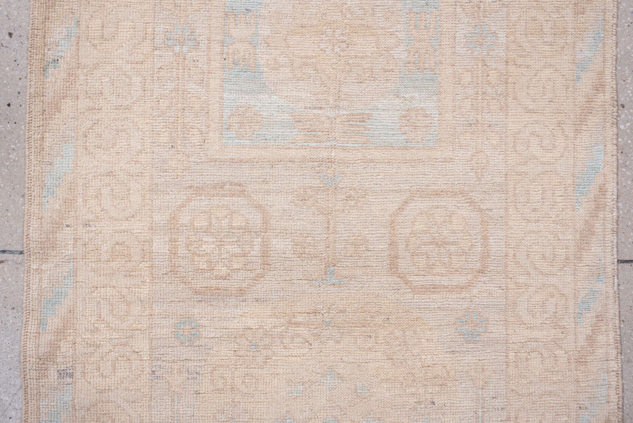 2' x 16' one-of-a-kind handmade vintage Khotan runner rug. Color palette: ivory, blush, pale blue, cream, beige, taupe, pink
