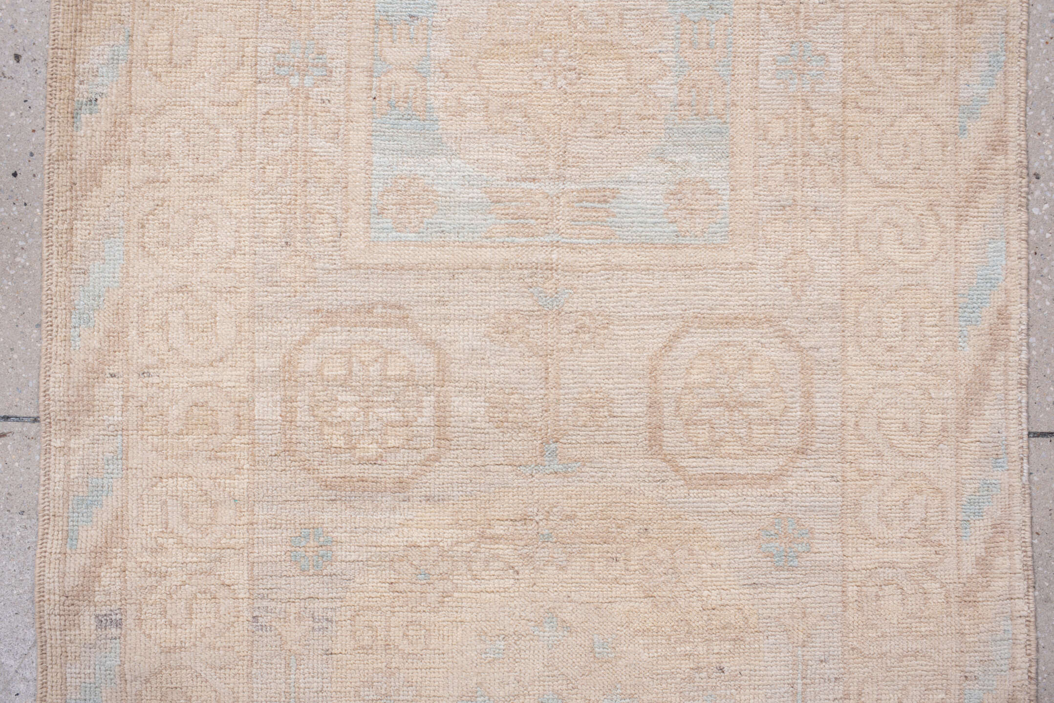 2' x 16' one-of-a-kind handmade vintage Khotan runner rug. Color palette: ivory, blush, pale blue, cream, beige, taupe, pink