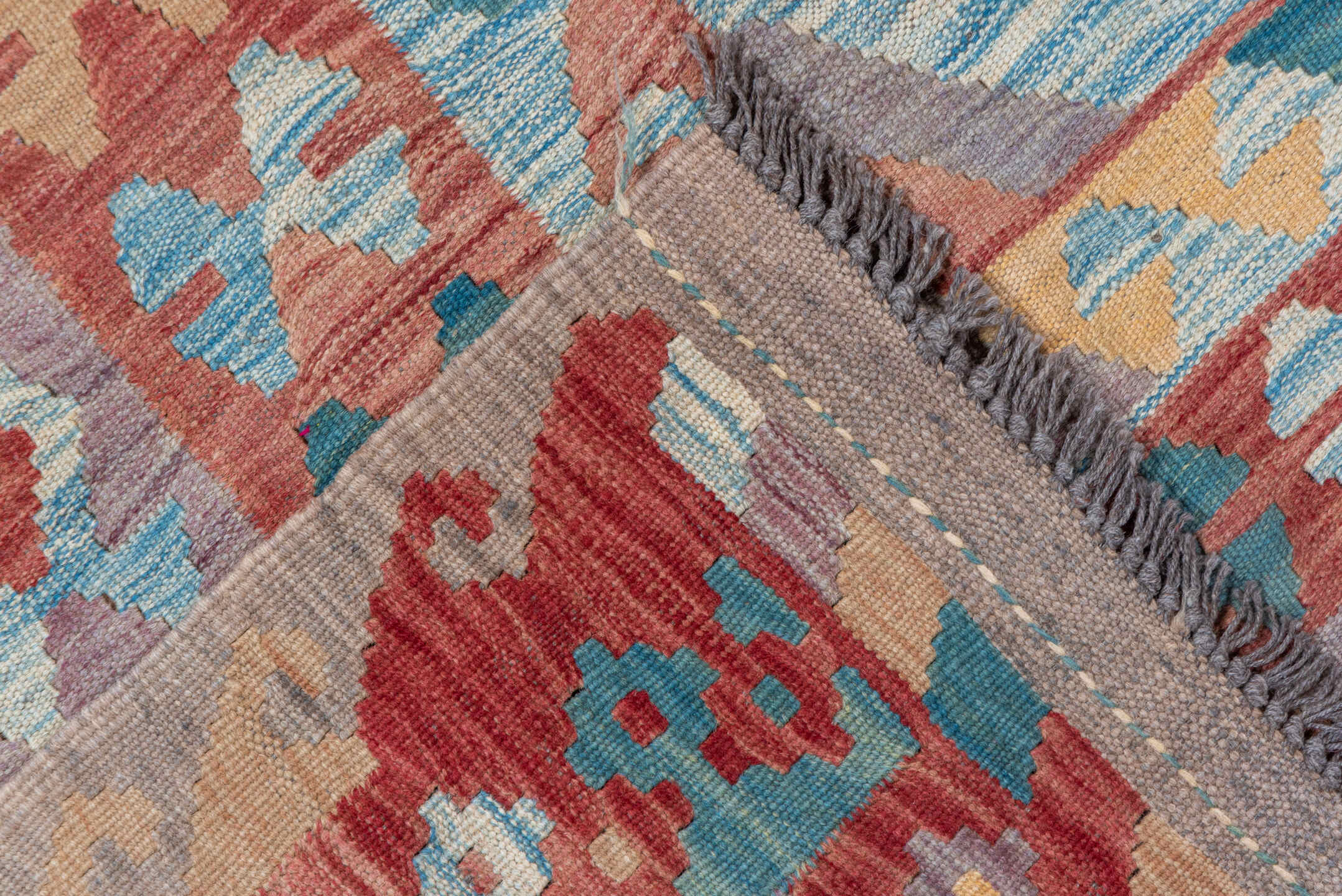 8' x 11' one-of-a-kind handmade vintage Kilim large size rug. Color palette: rose, ivory, dusty blue, terra cotta, taupe