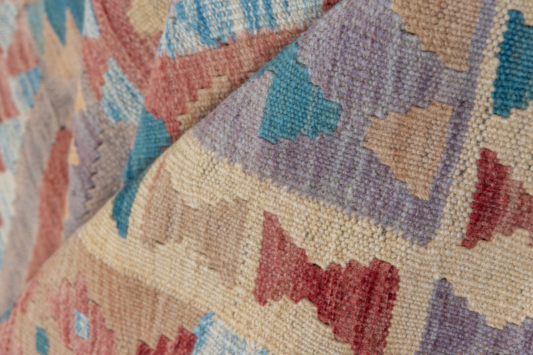8' x 11' one-of-a-kind handmade vintage Kilim large size rug. Color palette: rose, ivory, dusty blue, terra cotta, taupe