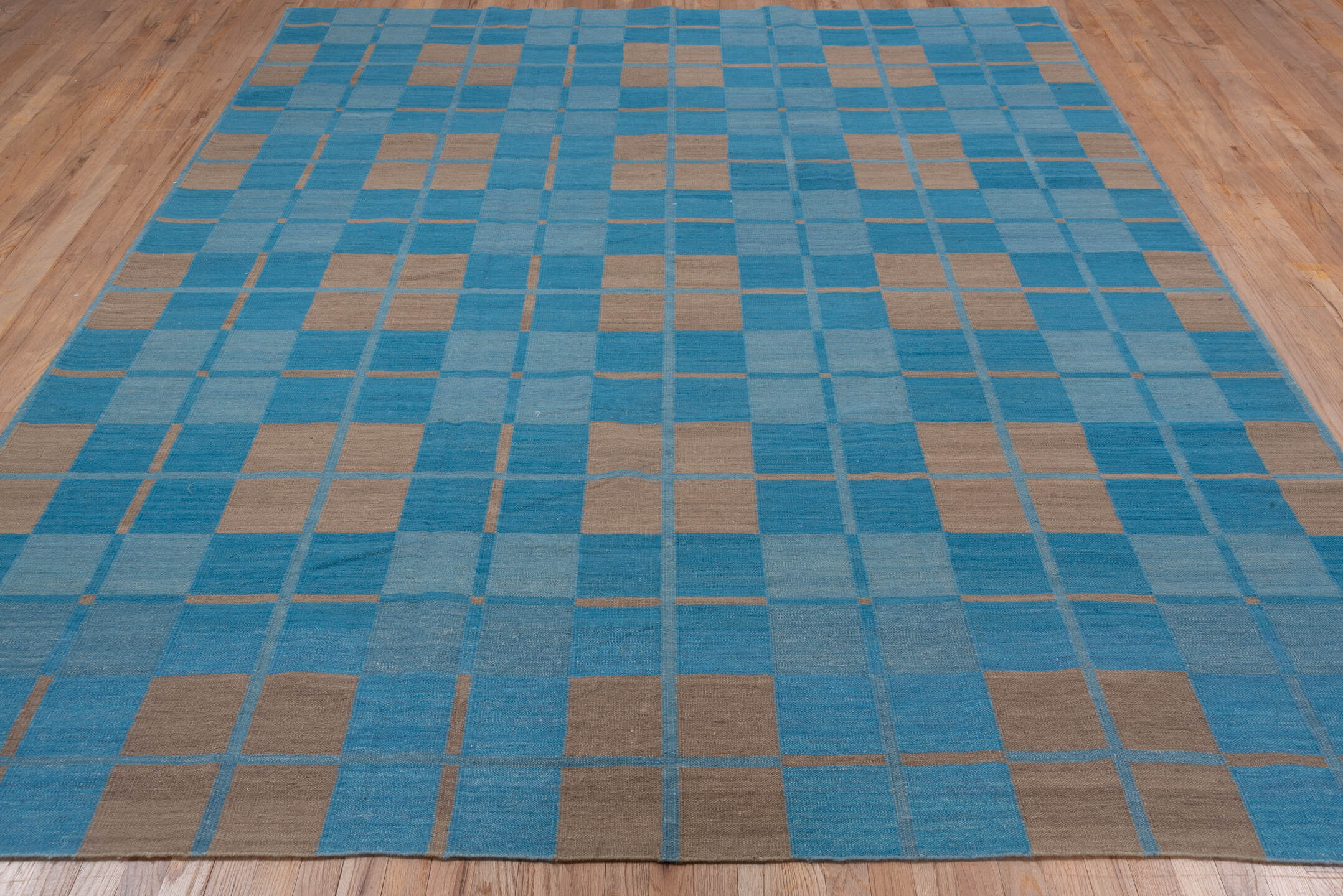 8' x 10' one-of-a-kind handmade vintage Kilim large size rug. Color palette: blue, sky blue, taupe, light blue, beige, gray