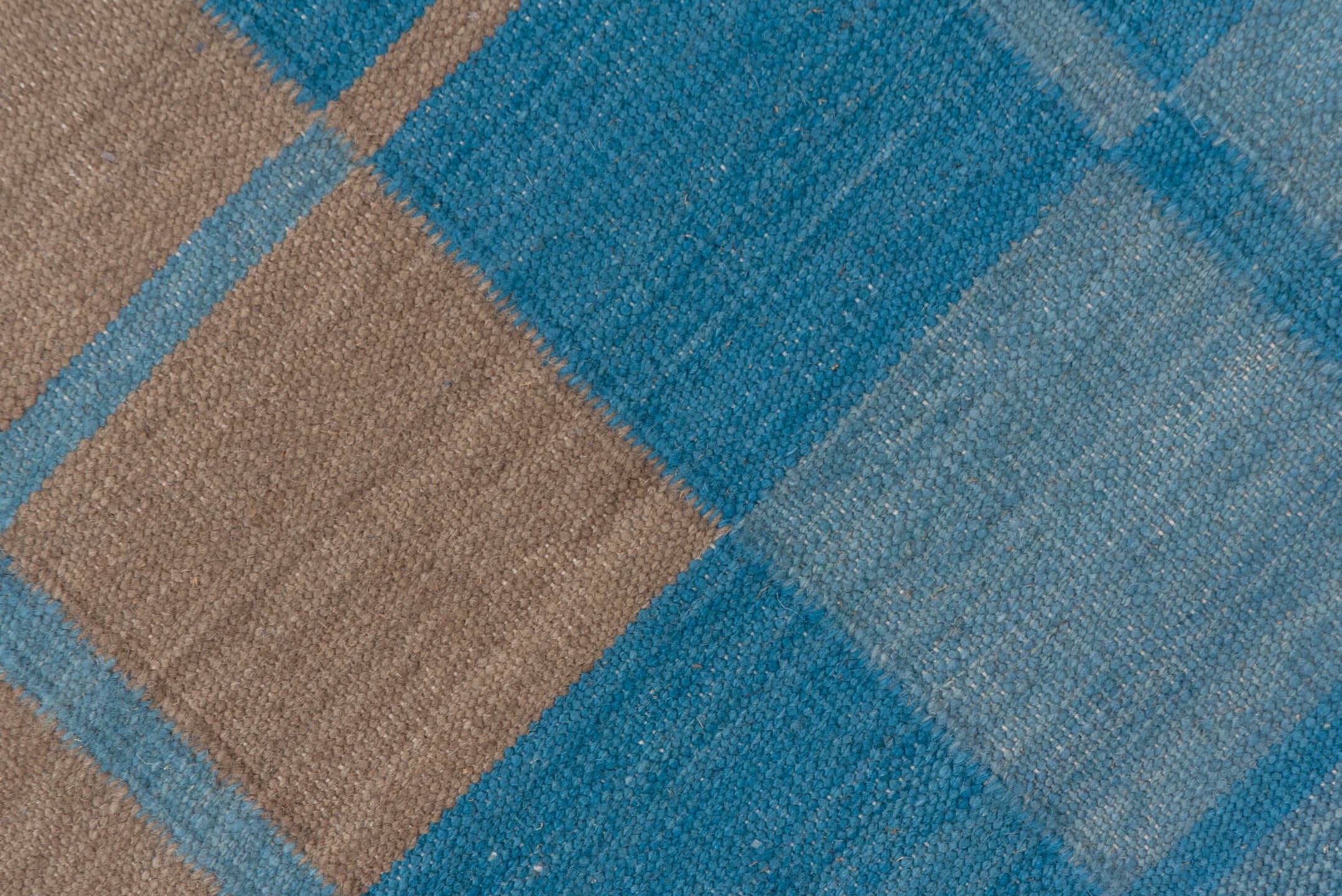 8' x 10' one-of-a-kind handmade vintage Kilim large size rug. Color palette: blue, sky blue, taupe, light blue, beige, gray
