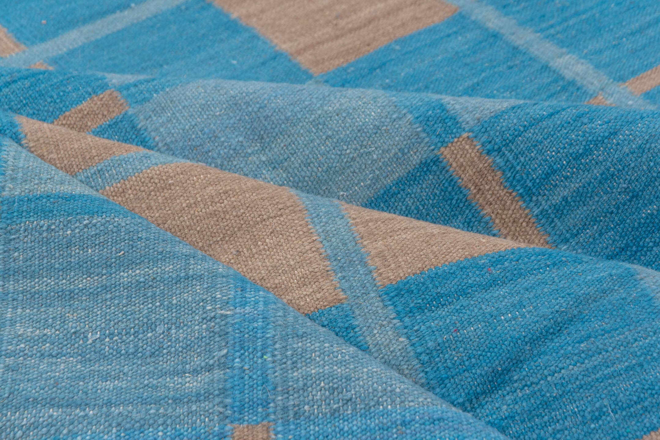 8' x 10' one-of-a-kind handmade vintage Kilim large size rug. Color palette: blue, sky blue, taupe, light blue, beige, gray