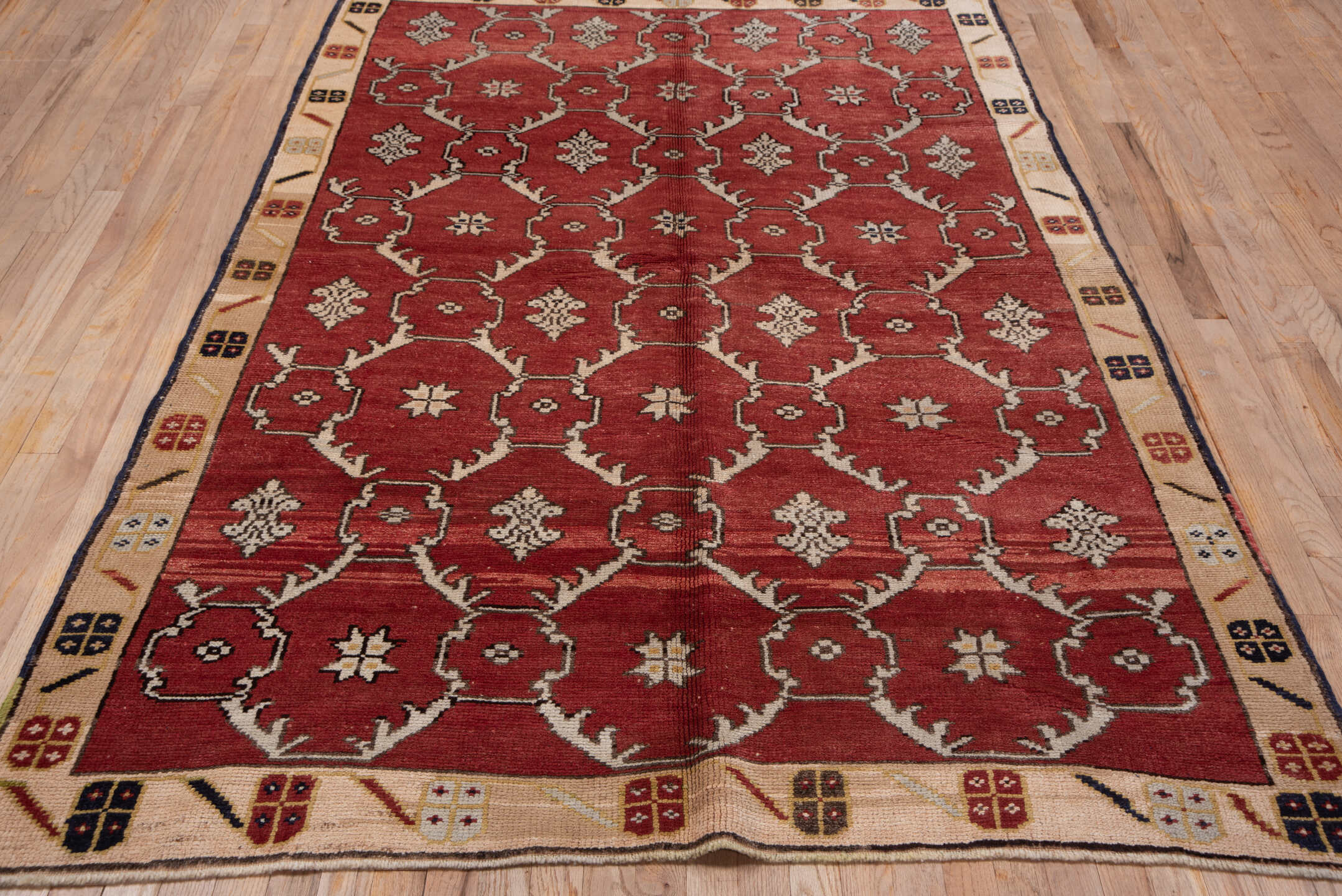 5' x 8' one-of-a-kind handmade vintage Oushak medium size rug. Color palette: brown, gray, off-white, pink, red, redwood