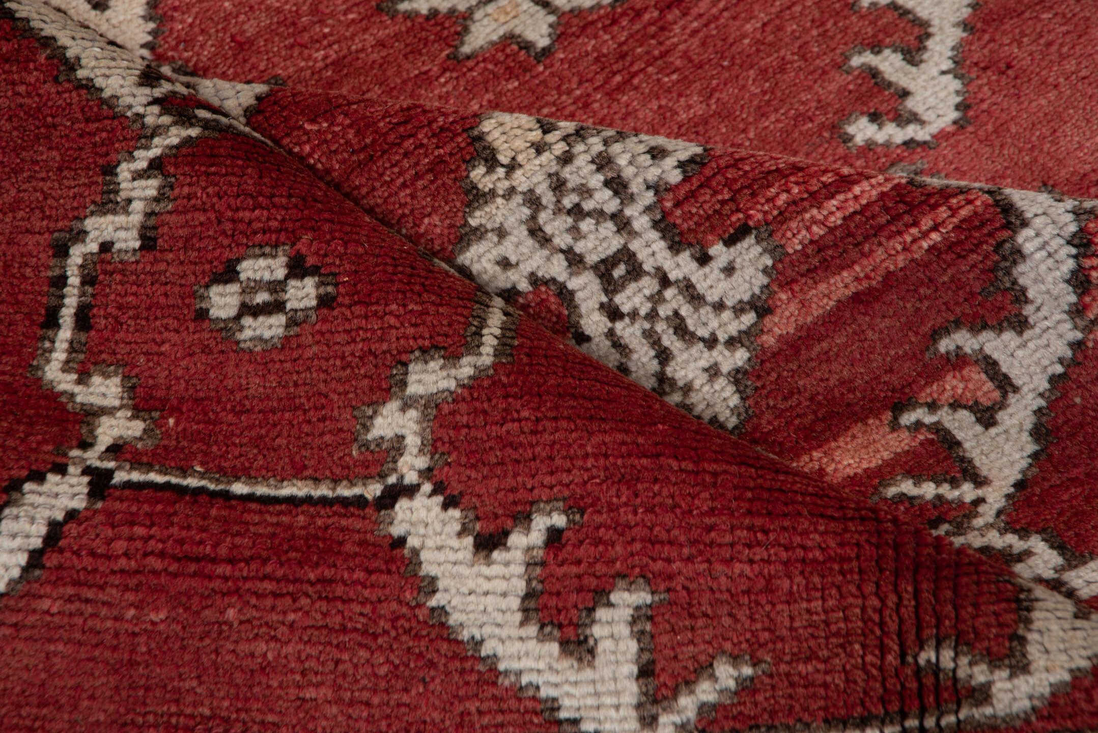 5' x 8' one-of-a-kind handmade vintage Oushak medium size rug. Color palette: brown, gray, off-white, pink, red, redwood