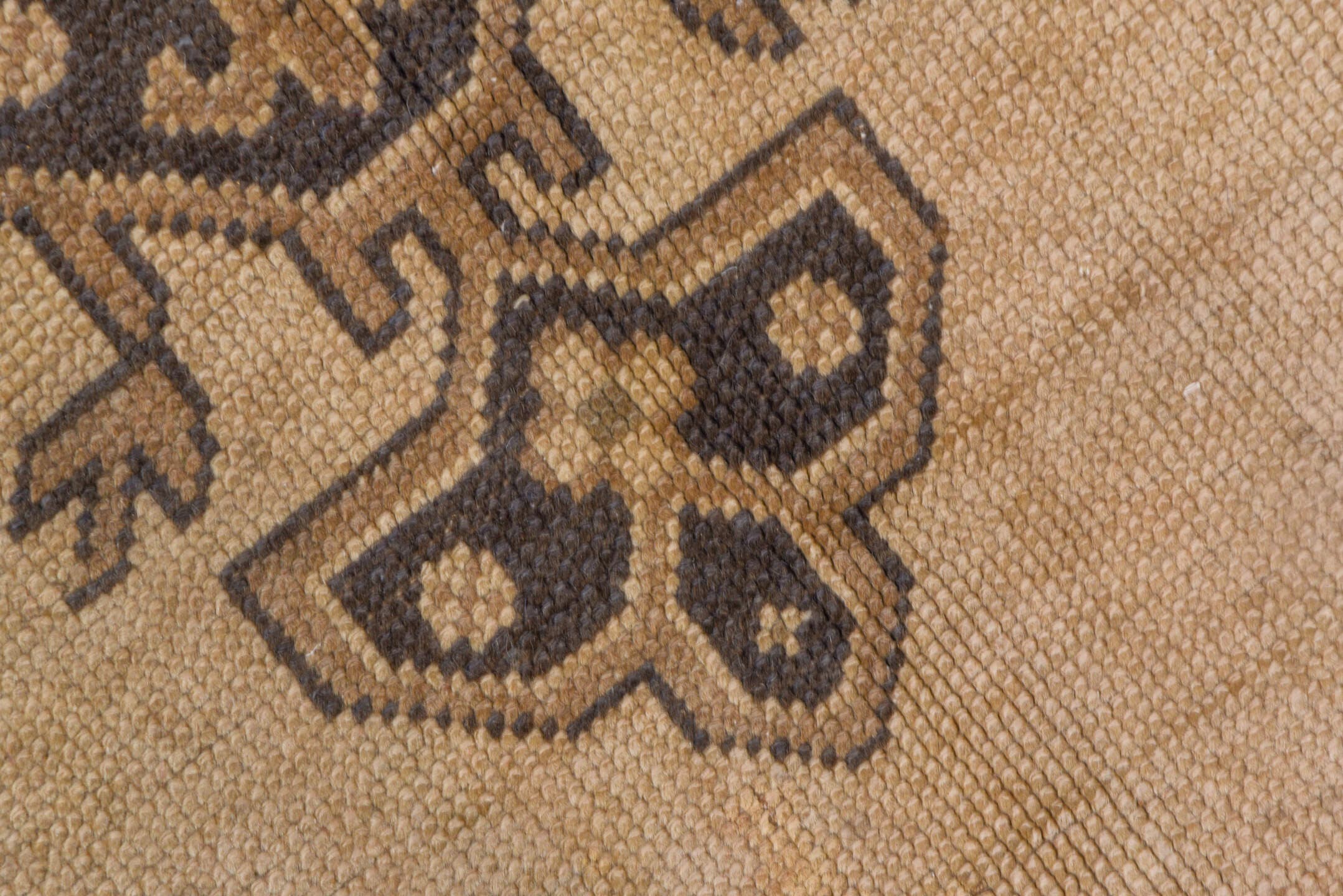 7' x 9' one-of-a-kind handmade vintage Oushak rug. Color palette: beige, taupe, brown, ivory, charcoal, gray, black