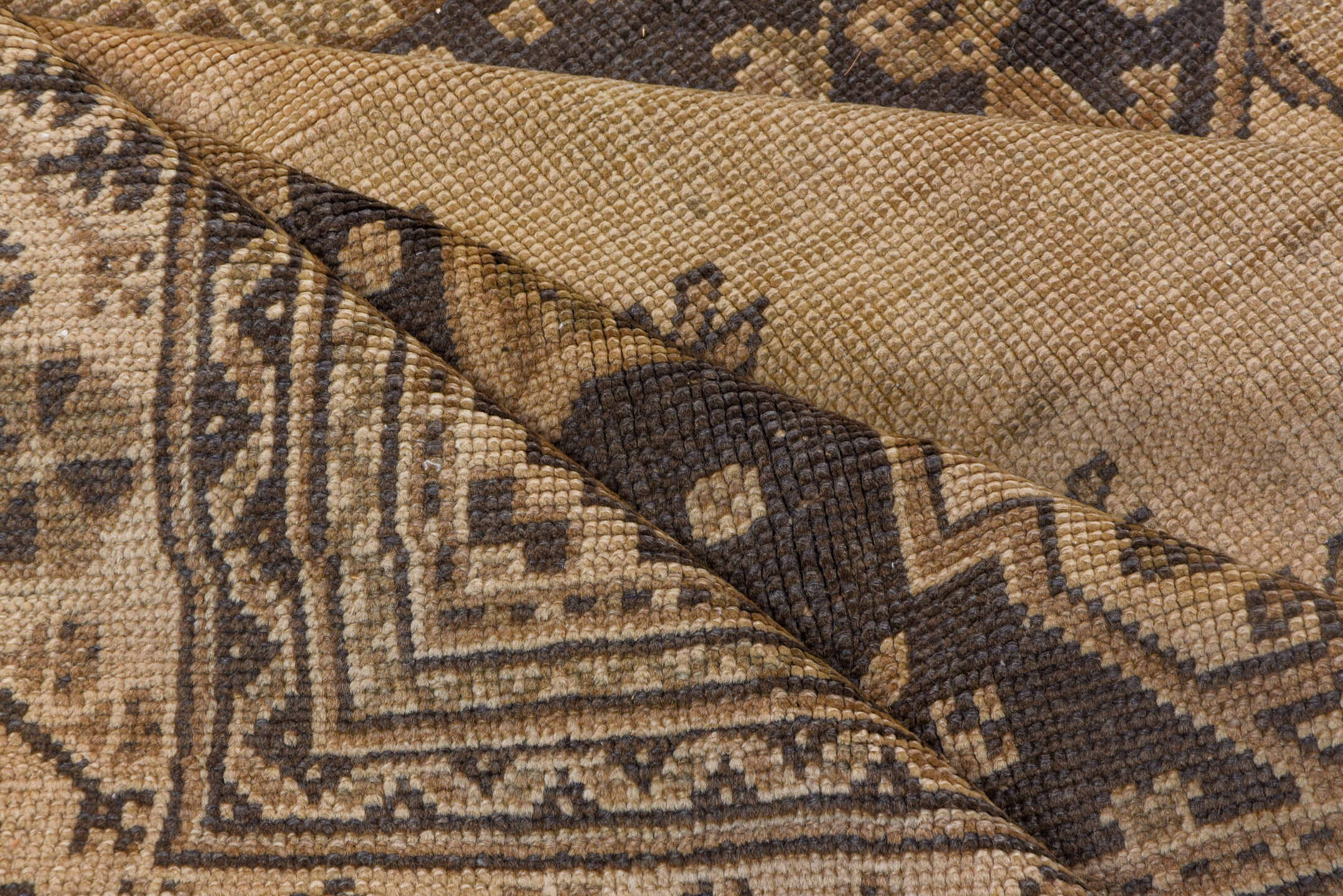 7' x 9' one-of-a-kind handmade vintage Oushak rug. Color palette: black, brown, gray, light gray, off-white, pink, snow, tan