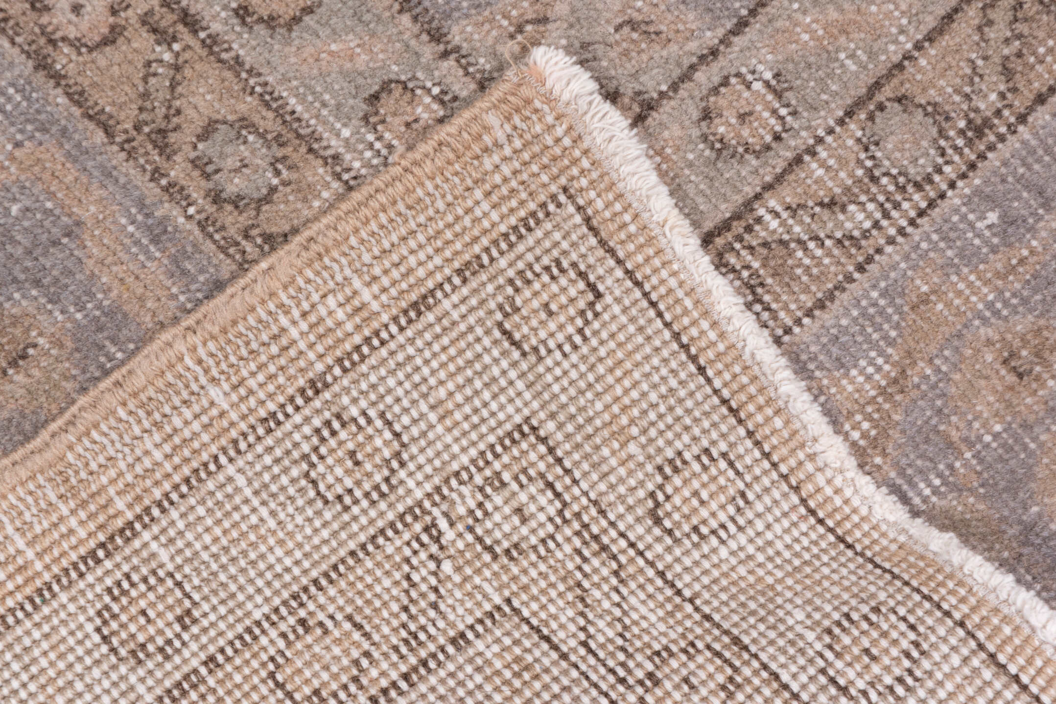 7' x 10' one-of-a-kind handmade vintage Oushak large size rug. Color palette: gray, light gray, off-white, pink