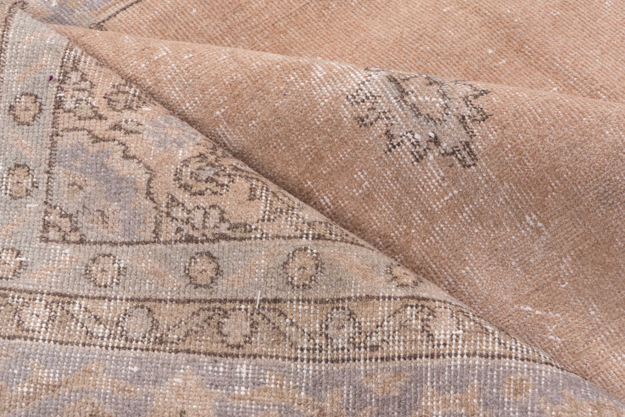 7' x 10' one-of-a-kind handmade vintage Oushak large size rug. Color palette: blush, pale blue, ivory, taupe, beige