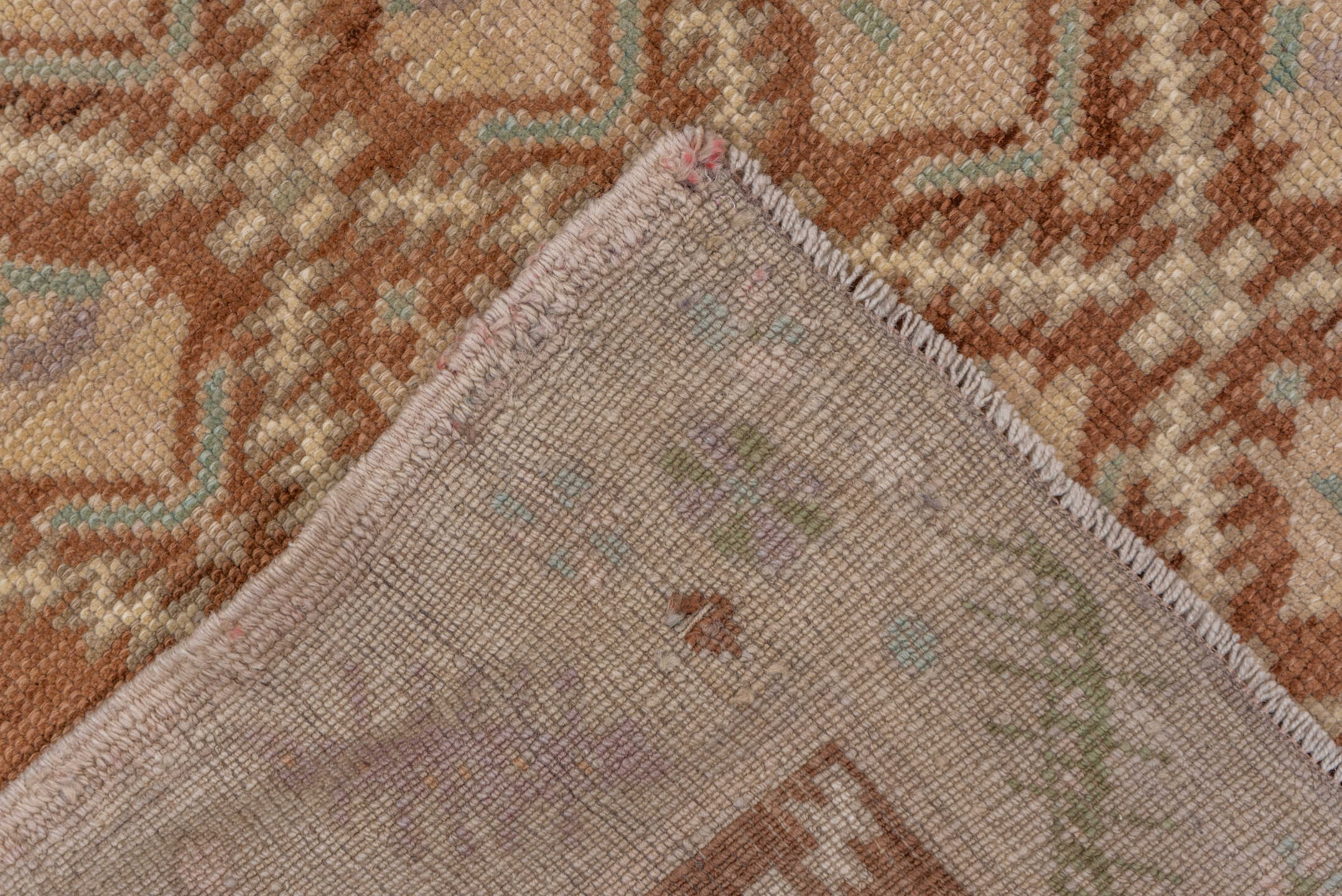 5' x 8' one-of-a-kind handmade vintage Oushak medium size rug. Color palette: brown, ivory, beige, sage, taupe, camel, green