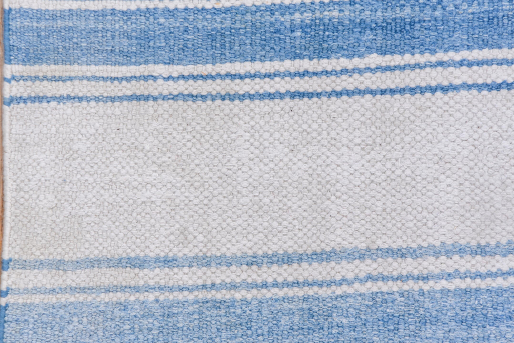 6' x 13' one-of-a-kind handmade vintage Dhurrie large size rug. Color palette: ivory, sky_blue, light blue