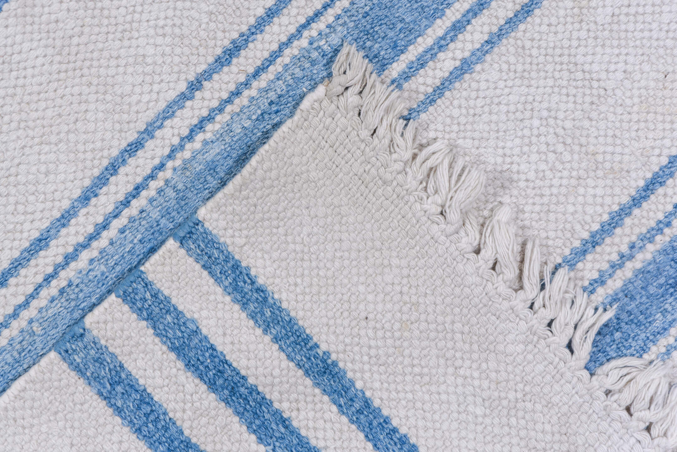 6' x 13' one-of-a-kind handmade vintage Dhurrie large size rug. Color palette: ivory, sky_blue, light blue