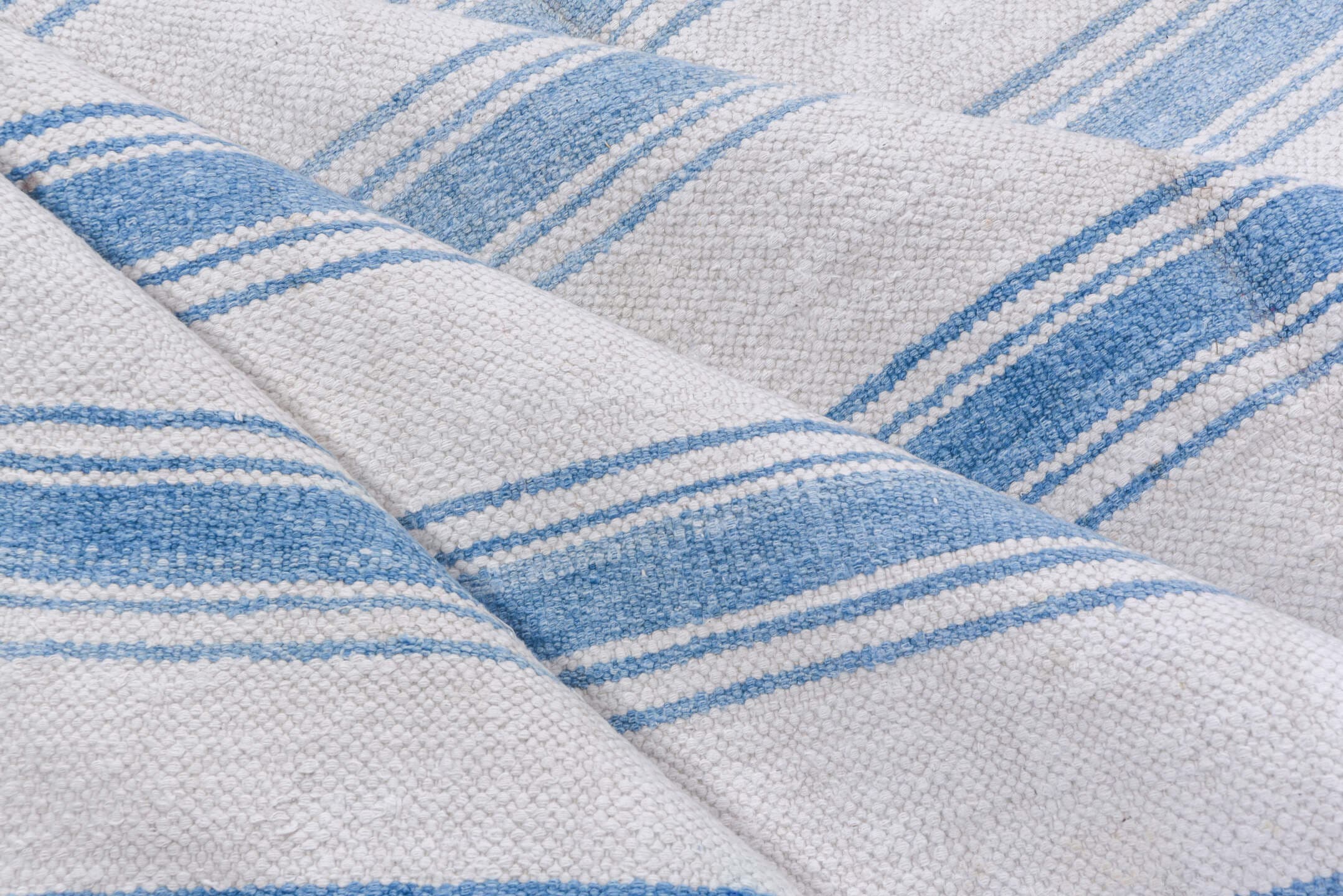 6' x 13' one-of-a-kind handmade vintage Dhurrie large size rug. Color palette: ivory, sky_blue, light blue