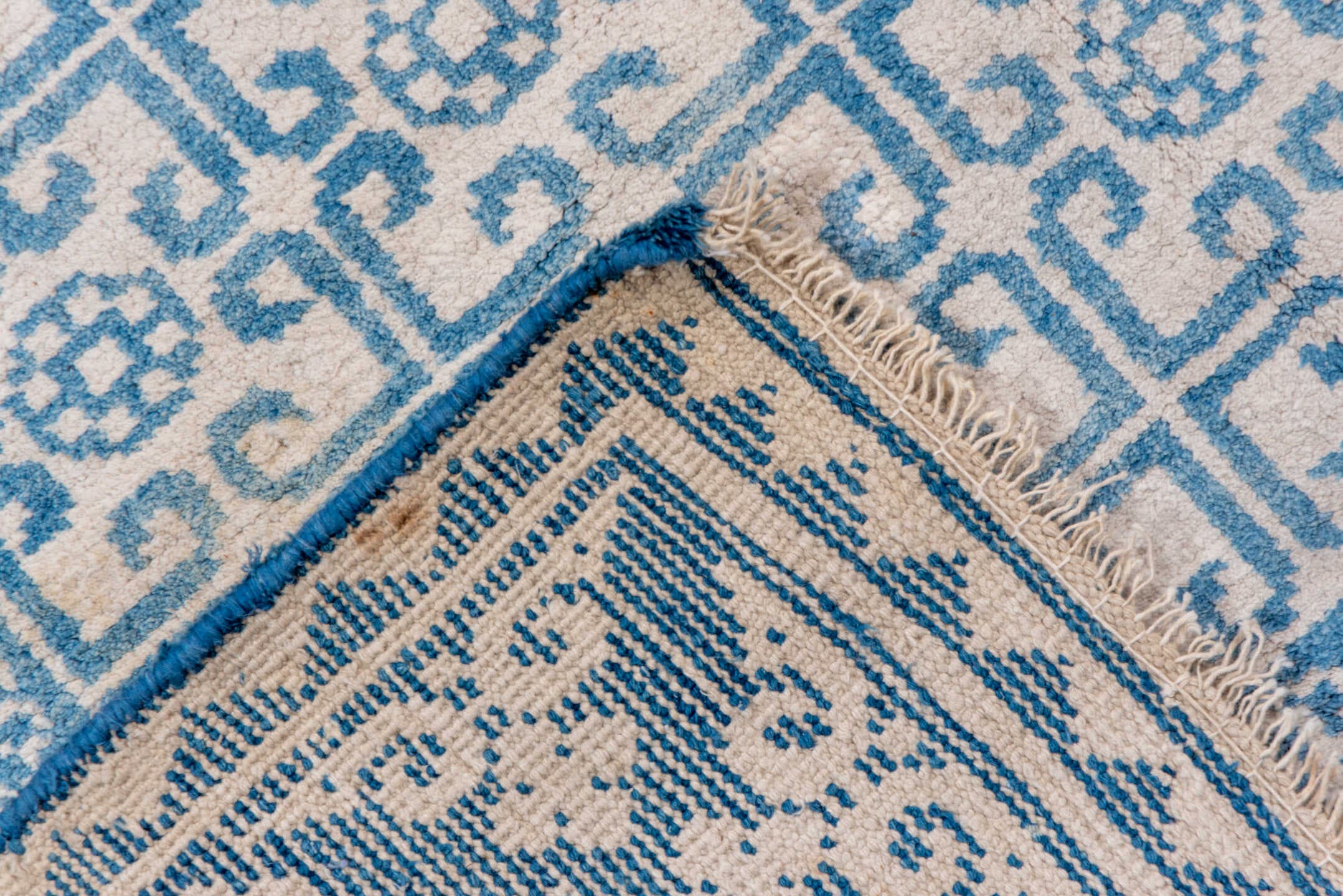 4' x 7' one-of-a-kind handmade vintage Cotton Agra rug. Color palette: ivory, sky blue, azure, slate blue, light blue