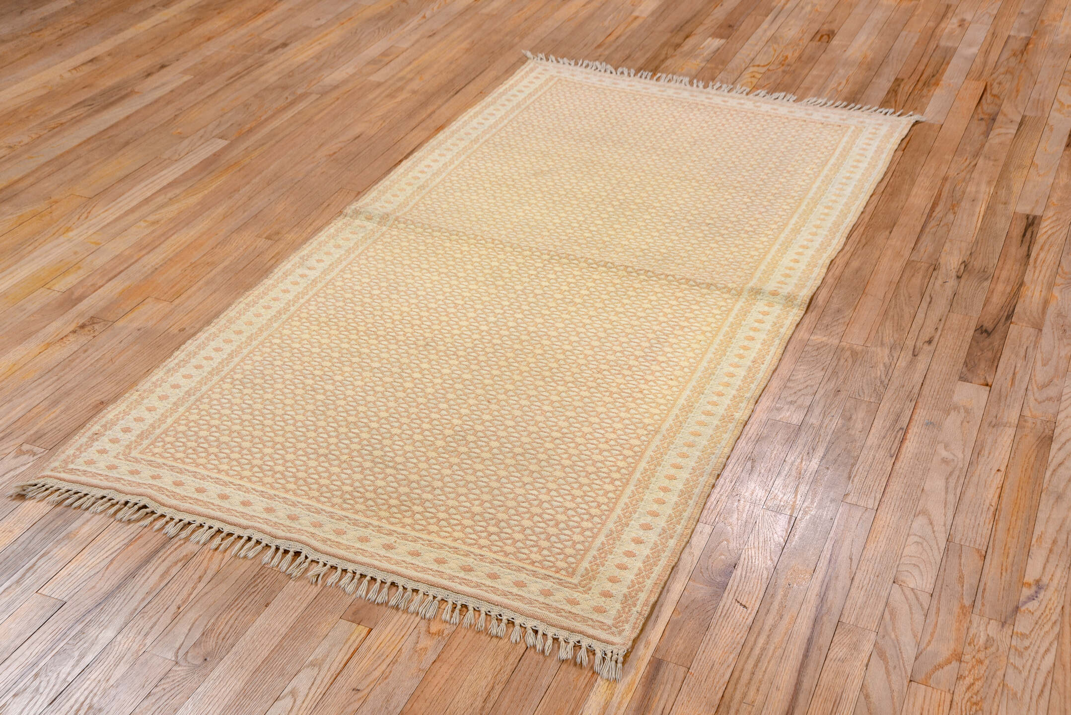 3' x 6' one-of-a-kind handmade vintage Dhurrie small size rug. Color palette: ivory, peach, cream, blush, sand, terracotta