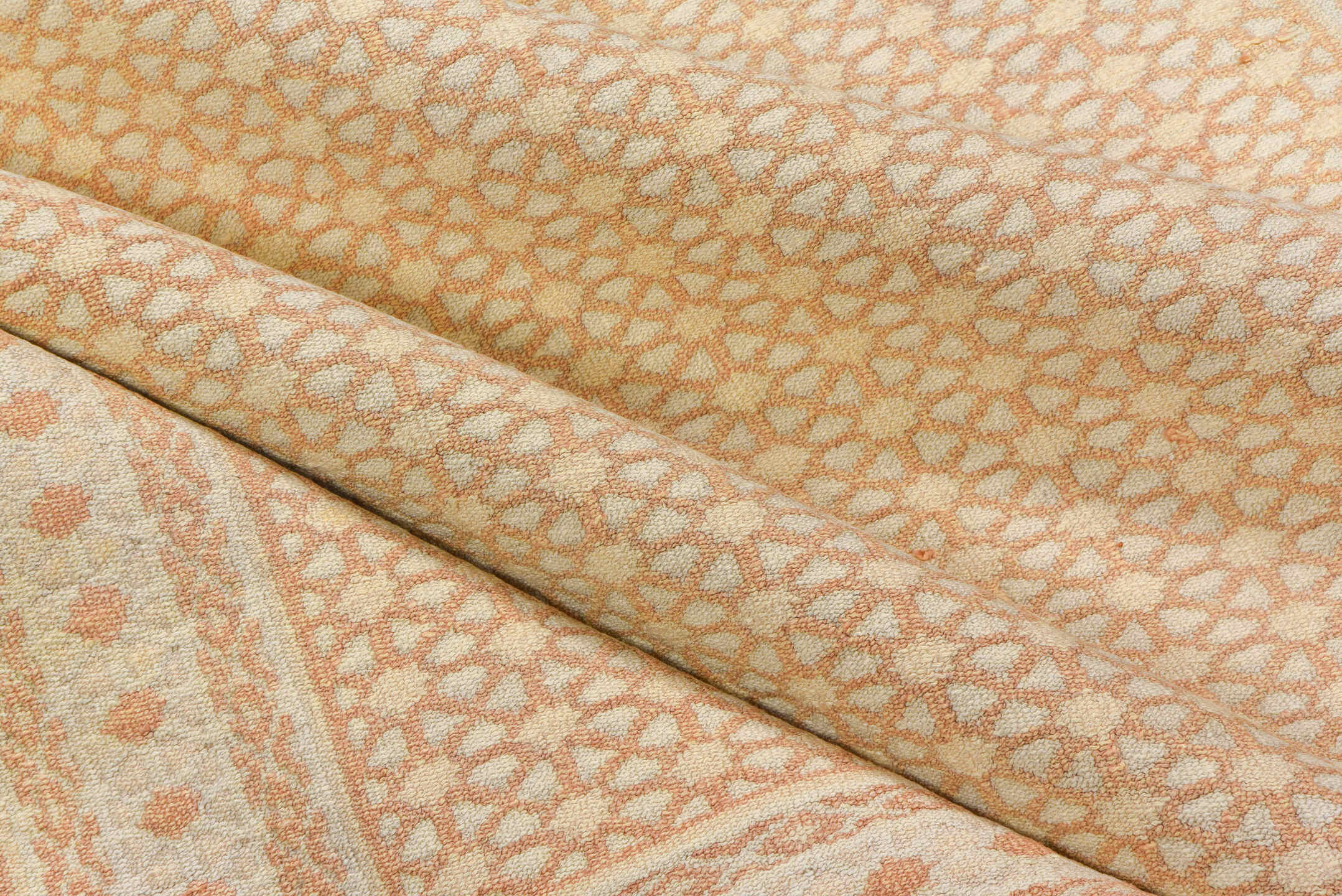 3' x 6' one-of-a-kind handmade vintage Dhurrie small size rug. Color palette: ivory, peach, cream, blush, sand, terracotta