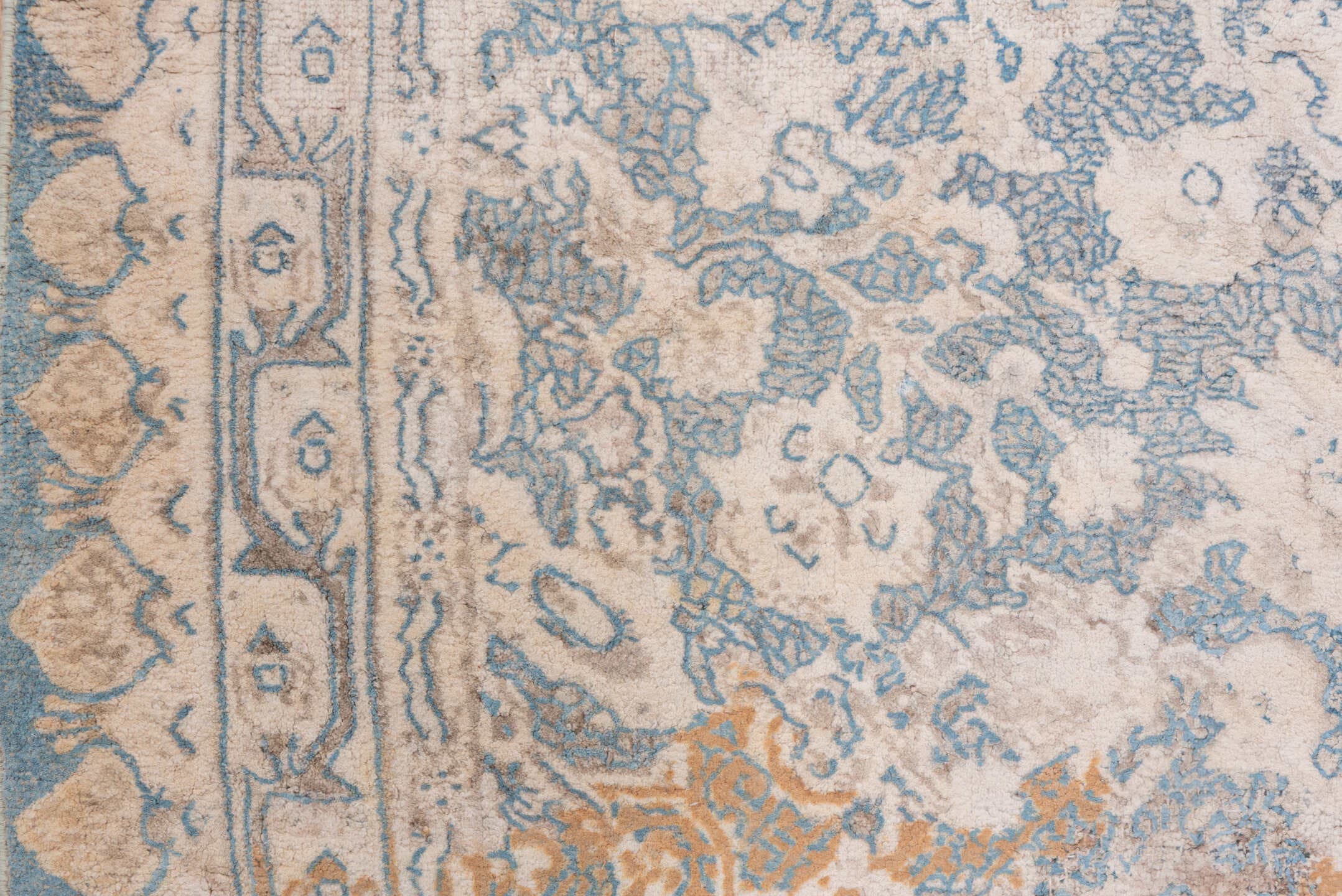 3' x 19' one-of-a-kind handmade antique Cotton Agra runner rug. Color palette: ivory, pale blue, taupe, rust, beige, slate