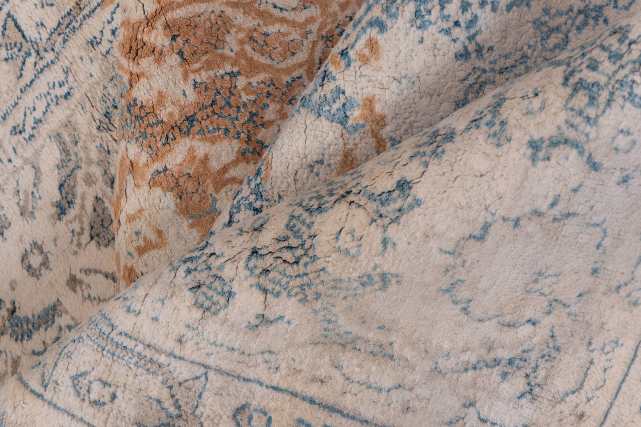 3' x 19' one-of-a-kind handmade antique Cotton Agra runner rug. Color palette: ivory, pale blue, taupe, rust, beige, slate