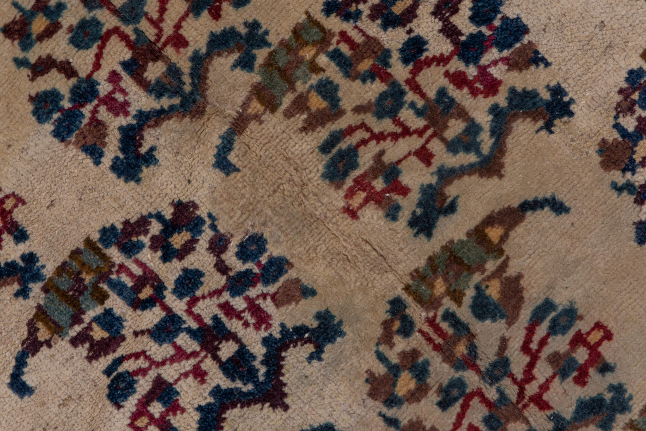 9' x 24' one-of-a-kind handmade vintage Amritzar rug. Color palette: ivory, brown, navy, taupe, rust, gold, blue, beige