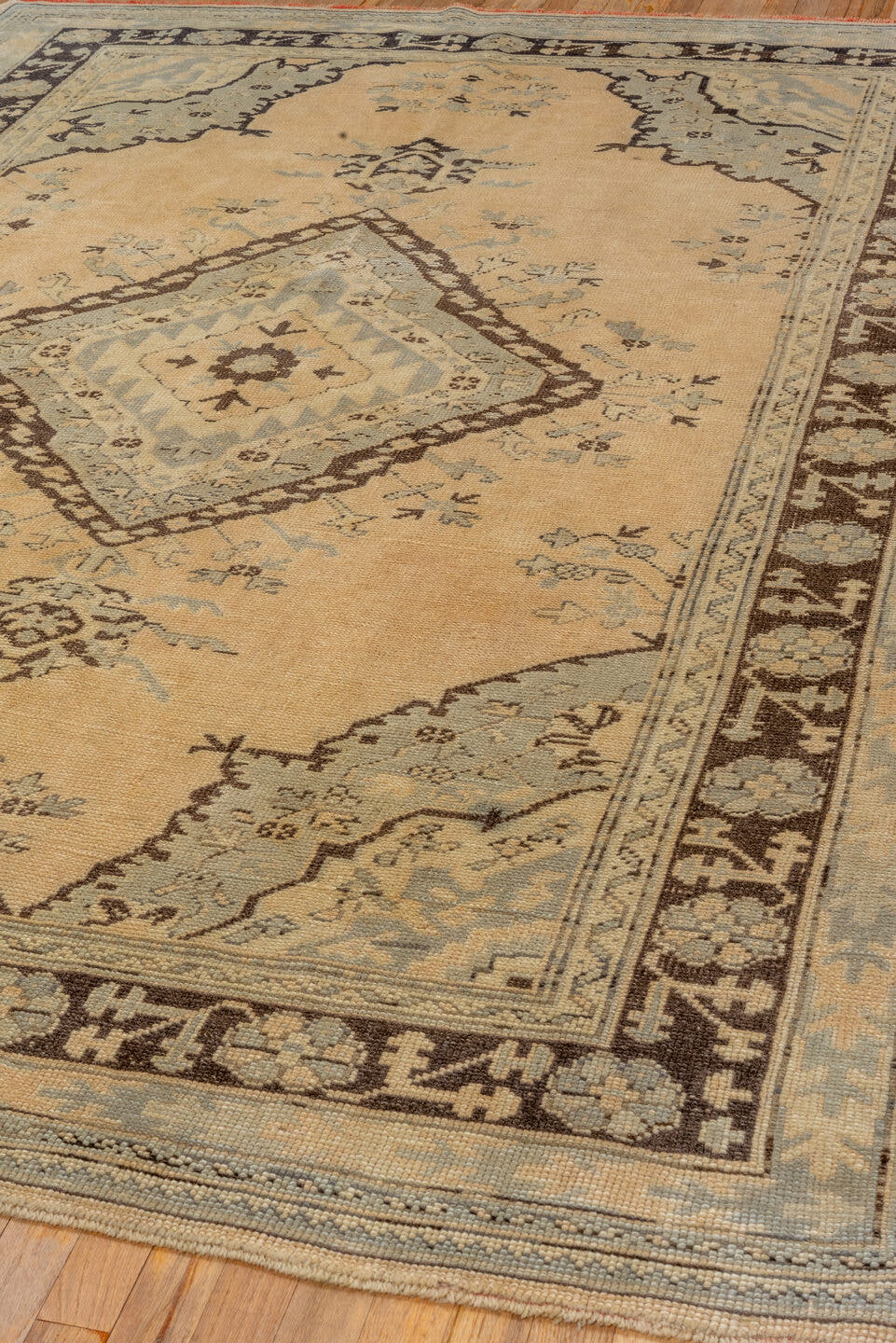 6' x 9' one-of-a-kind handmade vintage Oushak medium size rug. Color palette: ivory, pale blue, brown, taupe, cream