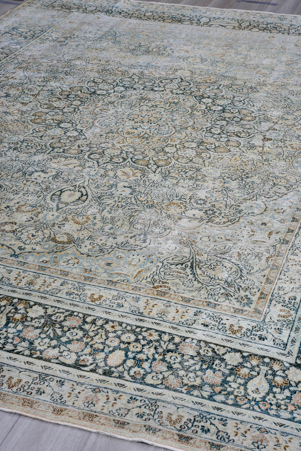 8' x 11' one-of-a-kind handmade antique Meshed large size rug. Color palette: ivory, pale blue, navy, beige, taupe, slate