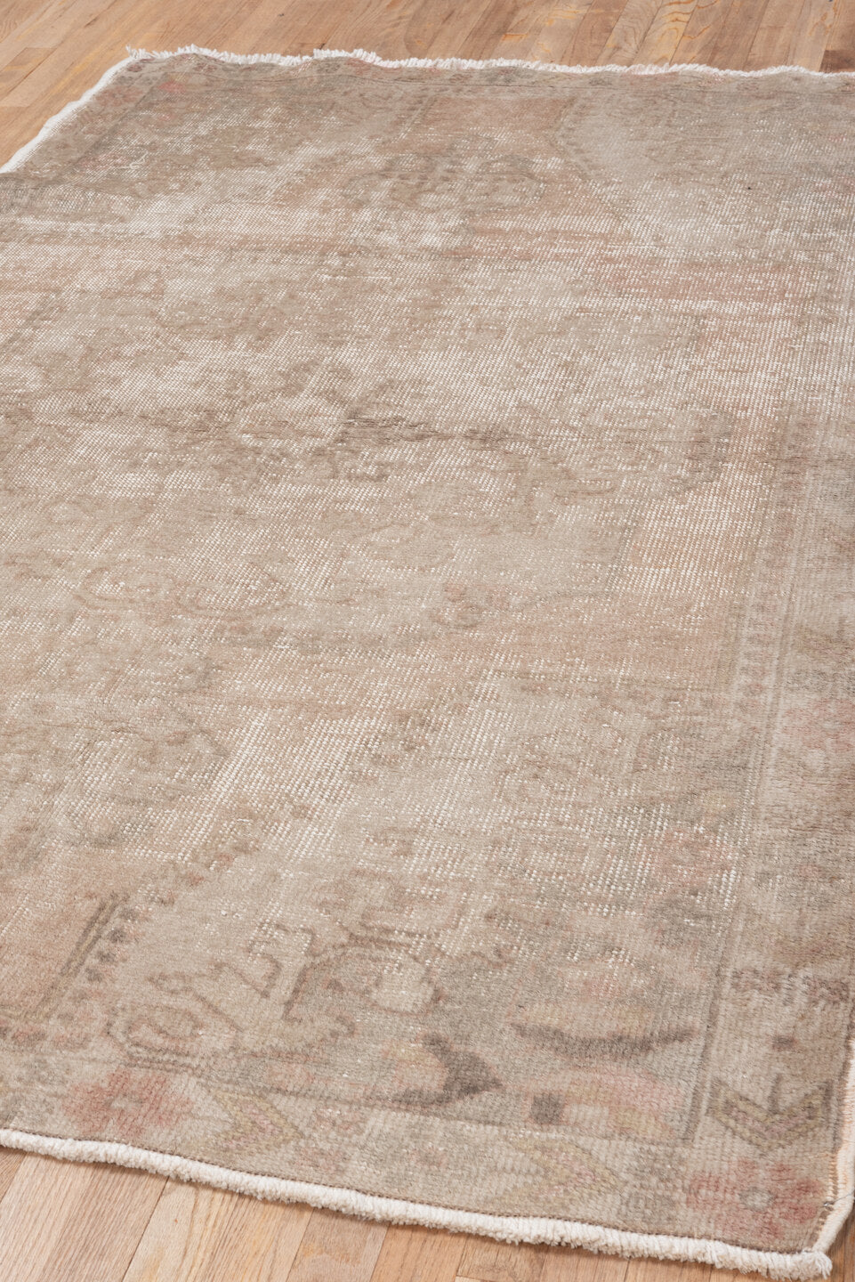 4' x 7' one-of-a-kind handmade vintage Oushak rug. Color palette: blush, taupe, ivory, beige, rose, camel, sage, pink, gray