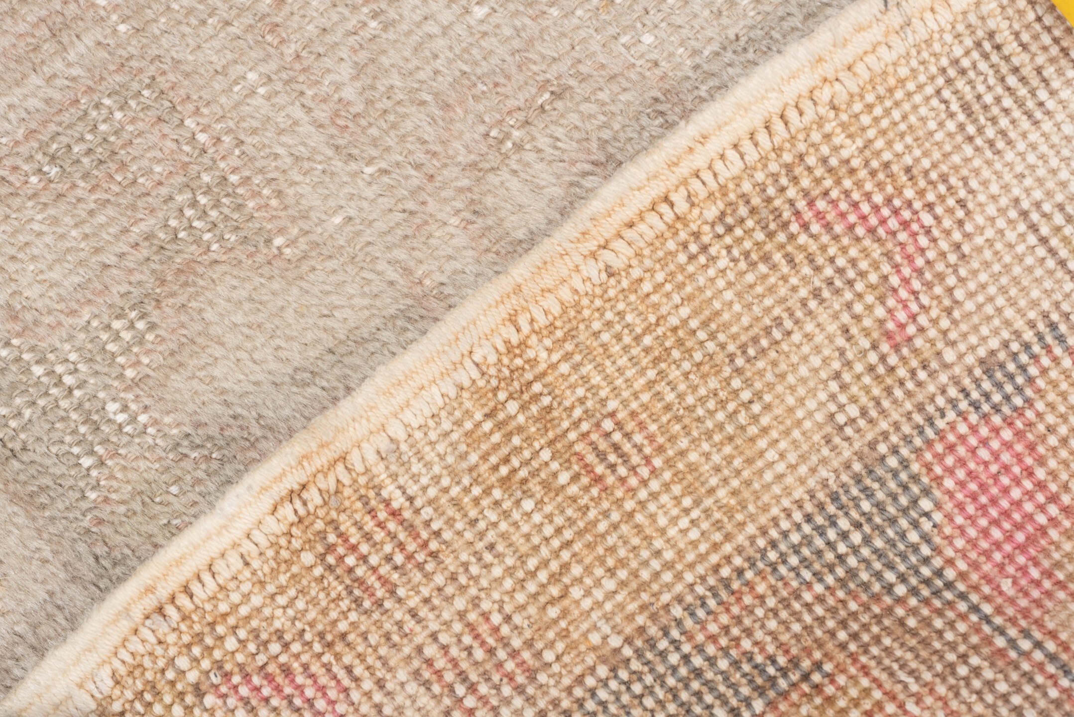 4' x 7' one-of-a-kind handmade vintage Oushak rug. Color palette: blush, taupe, ivory, beige, rose, camel, sage, pink, gray