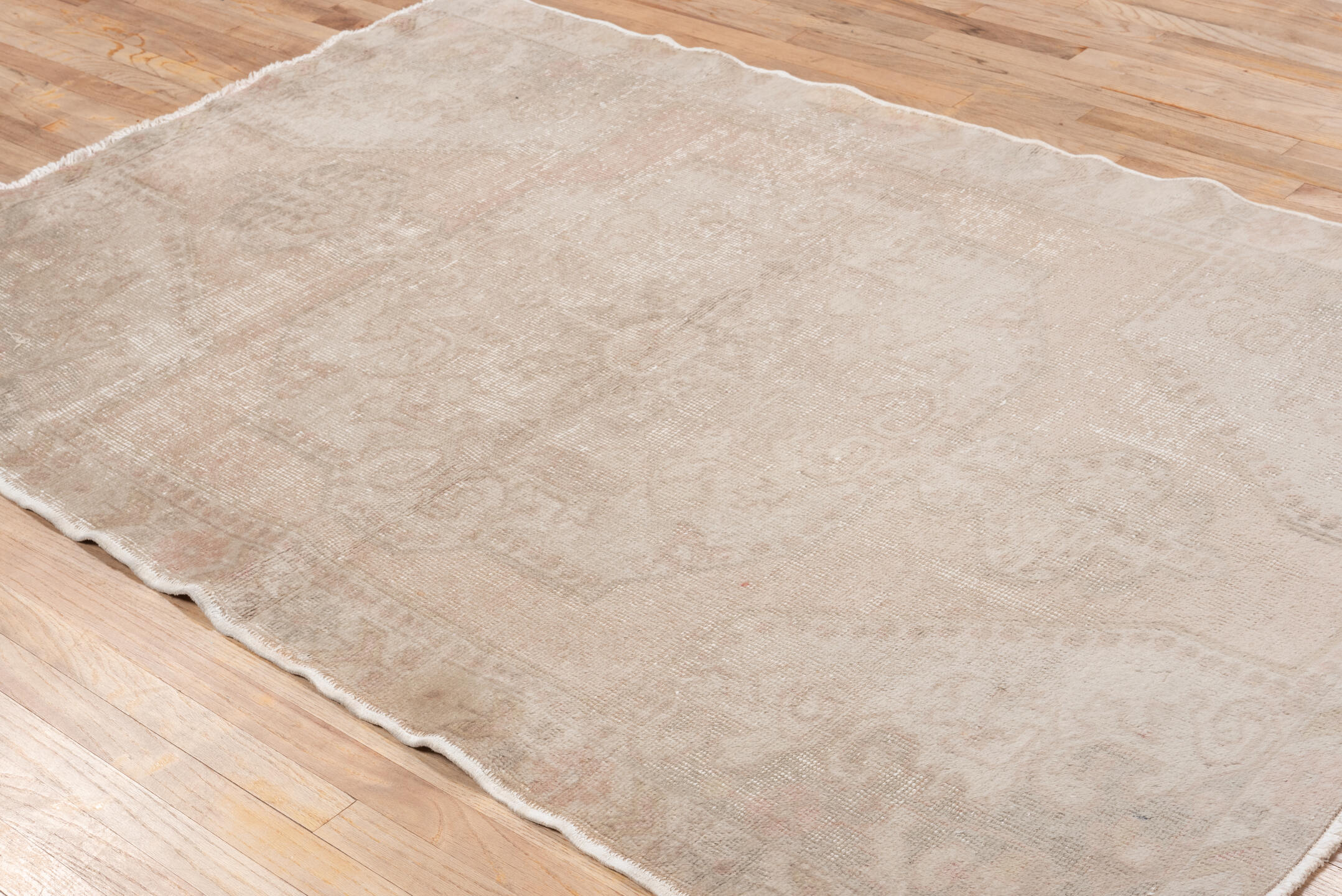 4' x 7' one-of-a-kind handmade vintage Oushak rug. Color palette: blush, taupe, ivory, beige, rose, camel, sage, pink, gray
