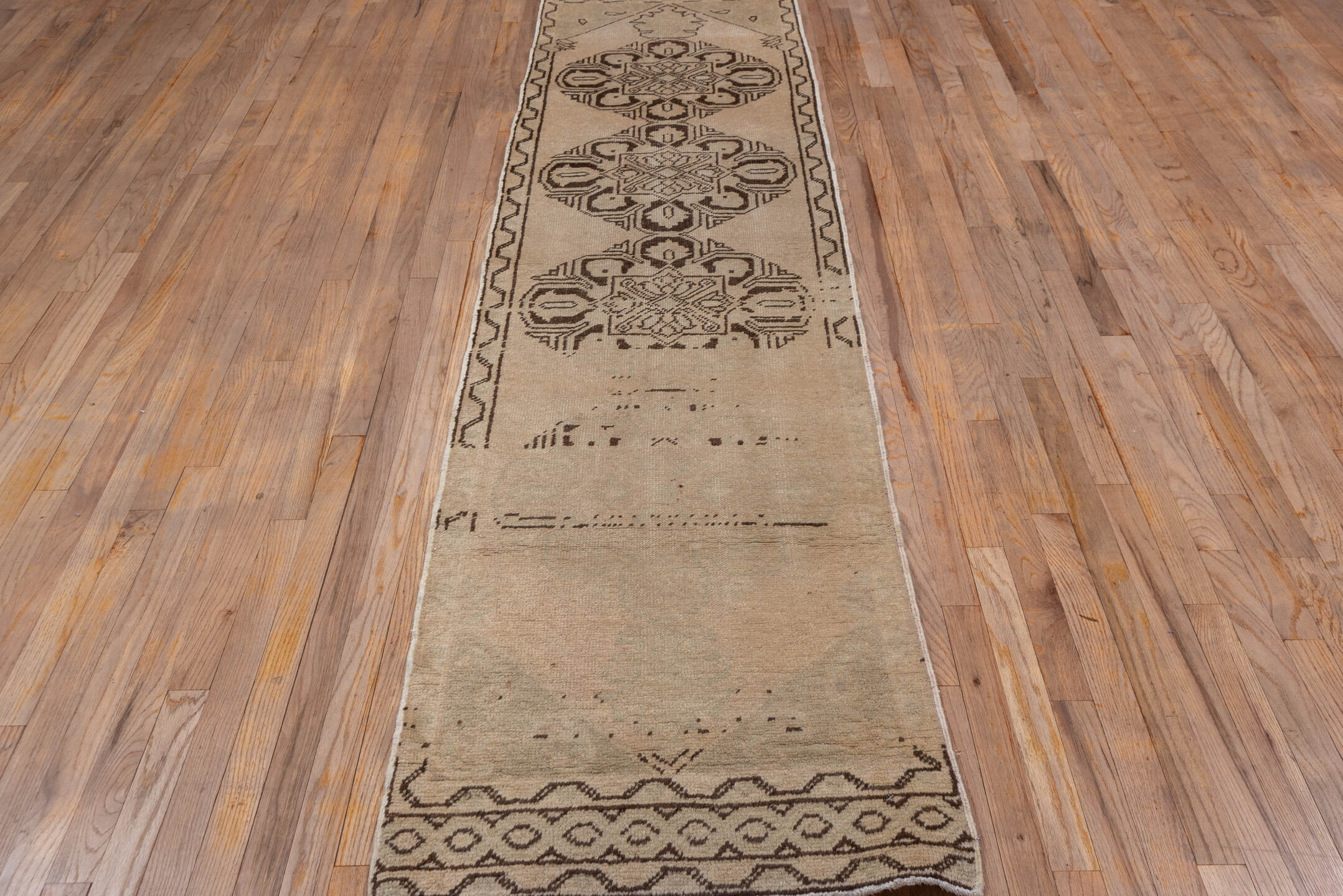 2' x 10' one-of-a-kind handmade vintage Oushak runner rug. Color palette: brown, gray, light gray, off-white, pink, snow
