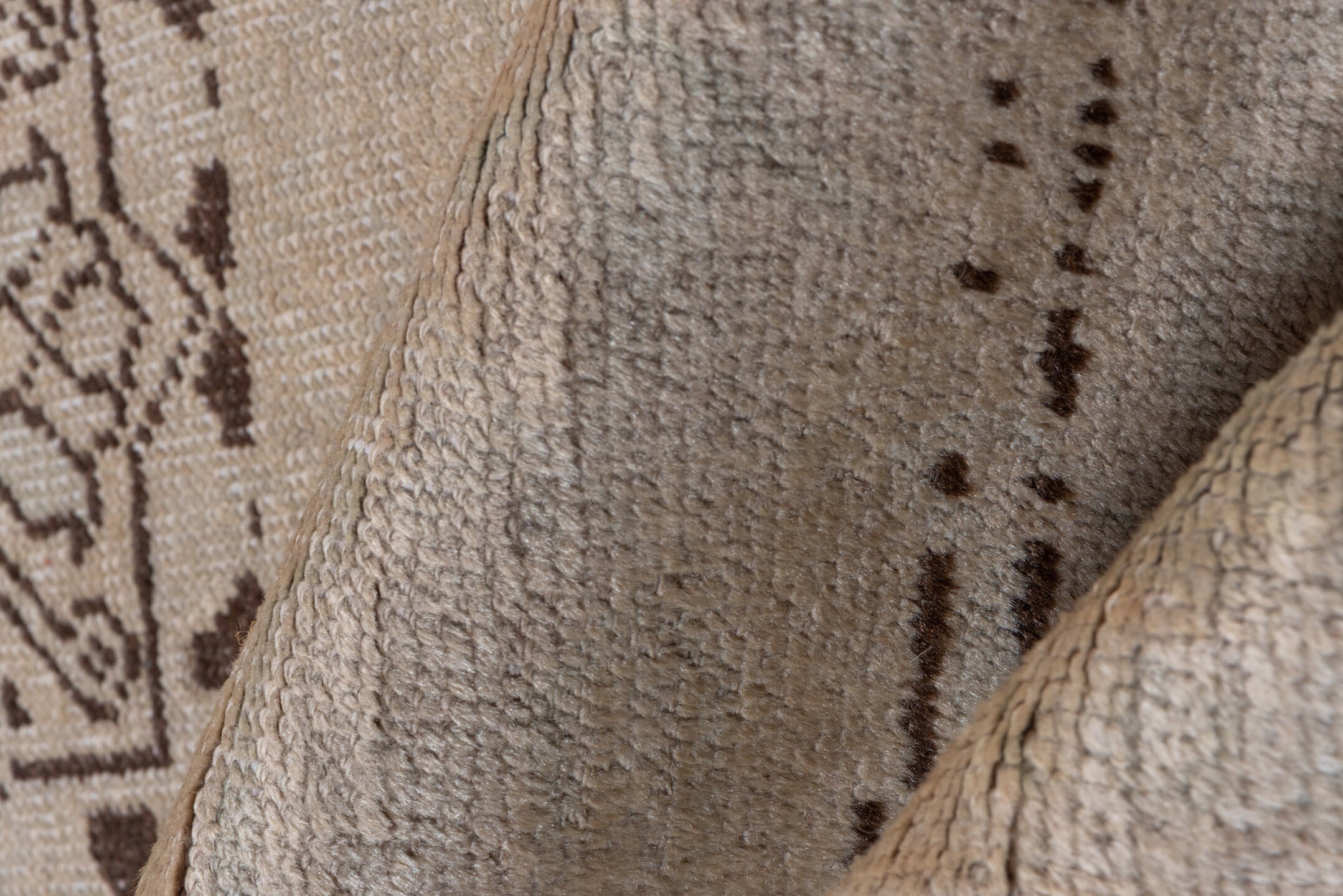 2' x 10' one-of-a-kind handmade vintage Oushak runner rug. Color palette: brown, gray, light gray, off-white, pink, snow