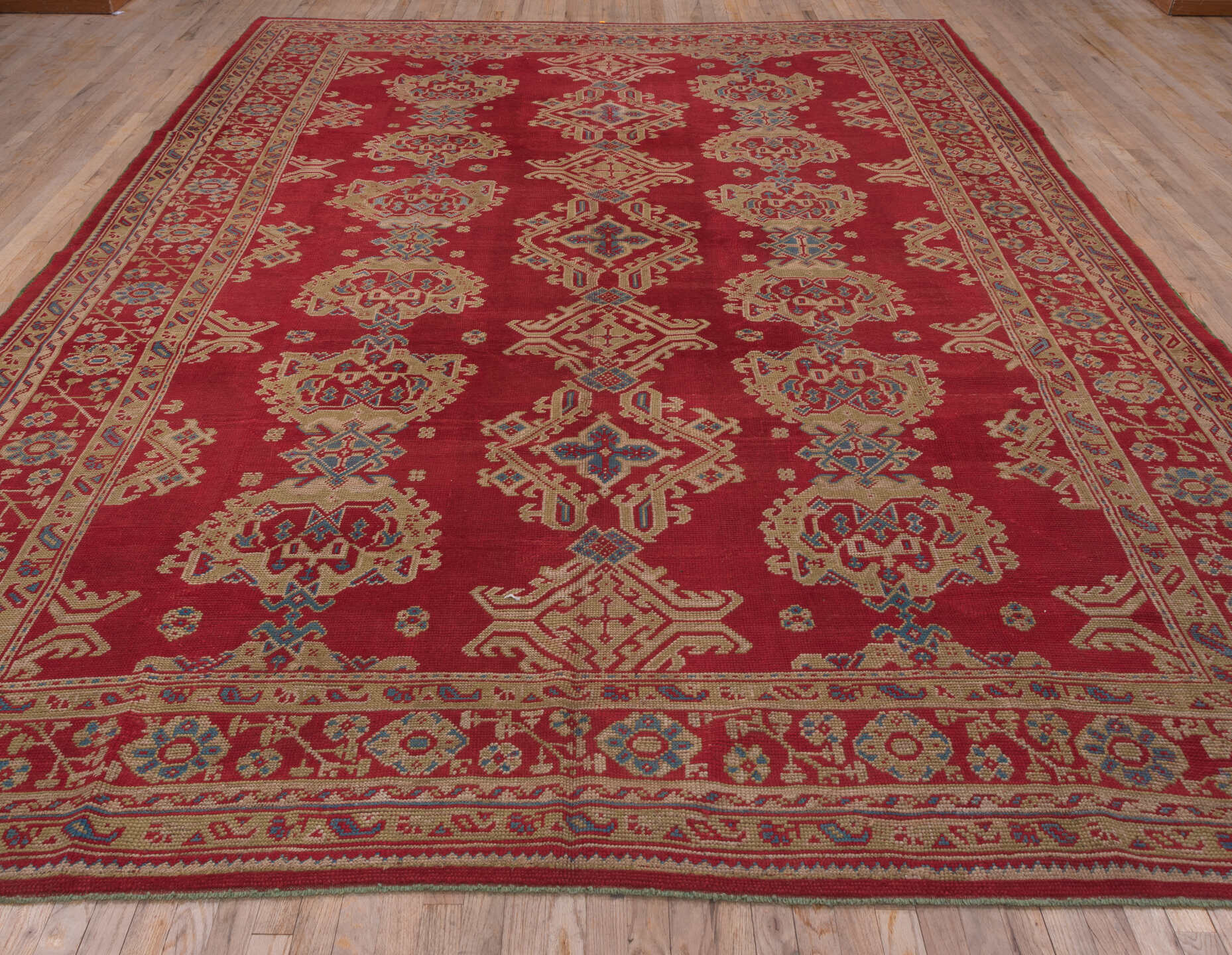 10' x 14' one-of-a-kind handmade antique Oushak large size rug. Color palette: red, ivory, blue, rose, coral, tan, pink