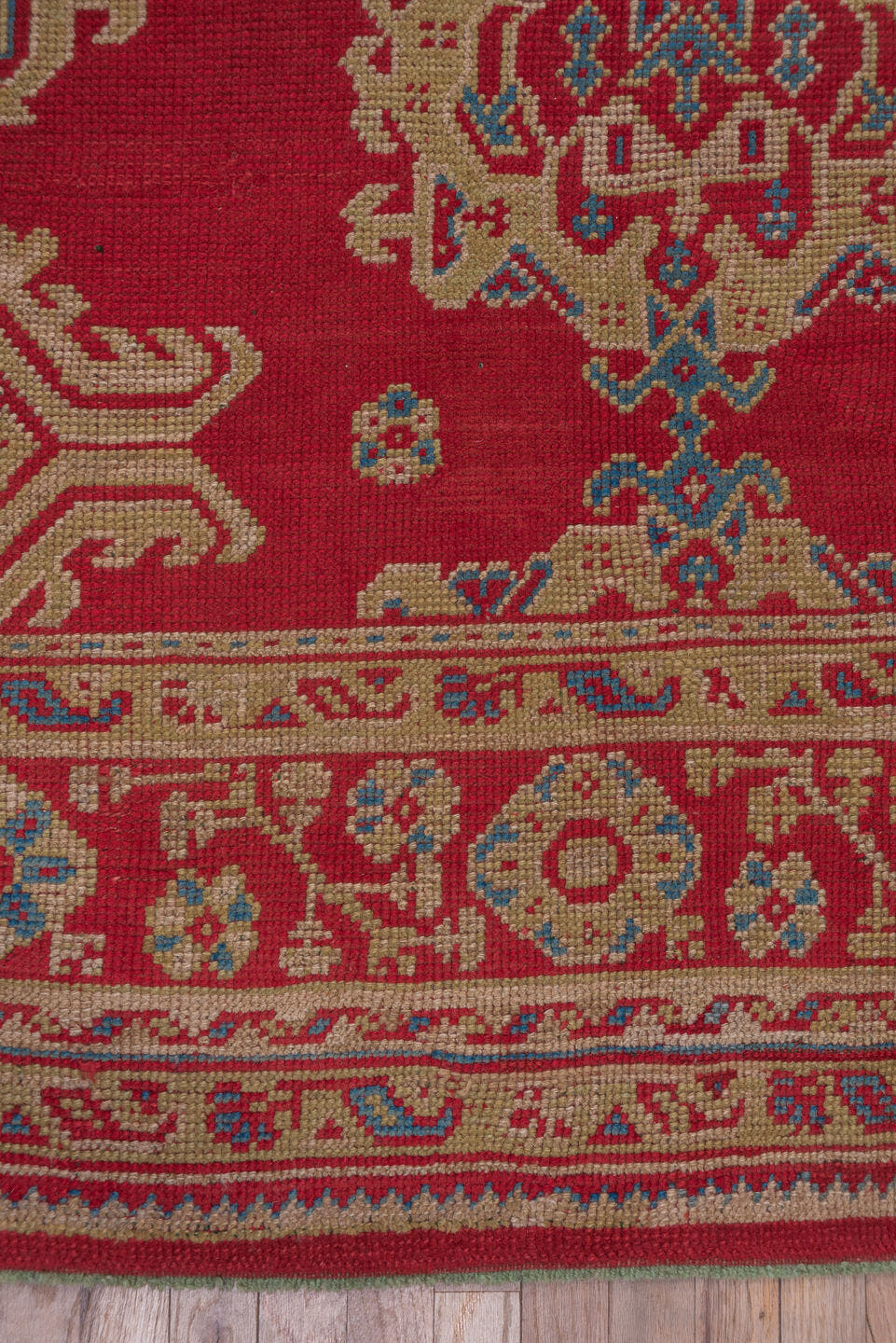 10' x 14' one-of-a-kind handmade antique Oushak large size rug. Color palette: red, ivory, blue, rose, coral, tan, pink