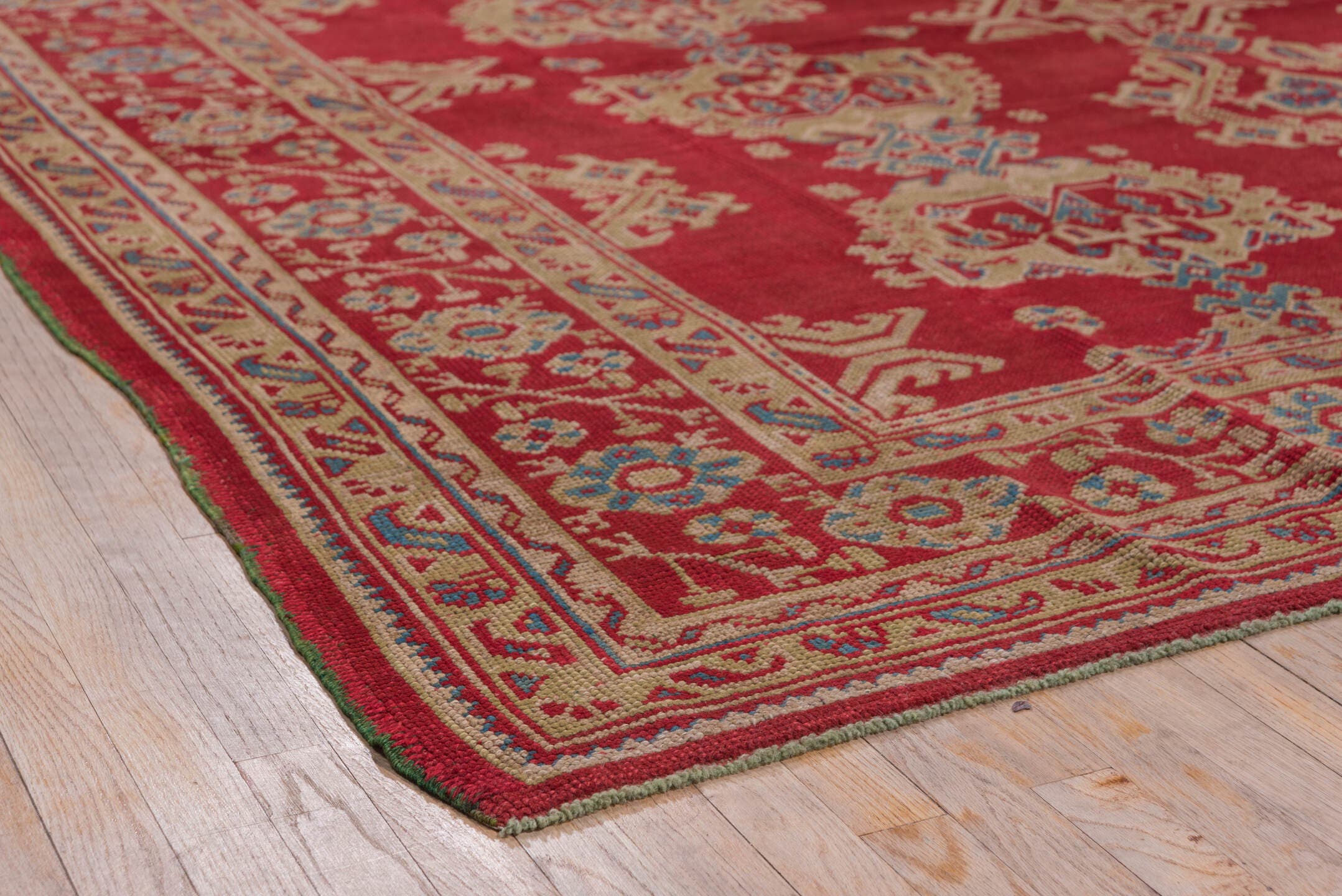 10' x 14' one-of-a-kind handmade antique Oushak large size rug. Color palette: red, ivory, blue, rose, coral, tan, pink
