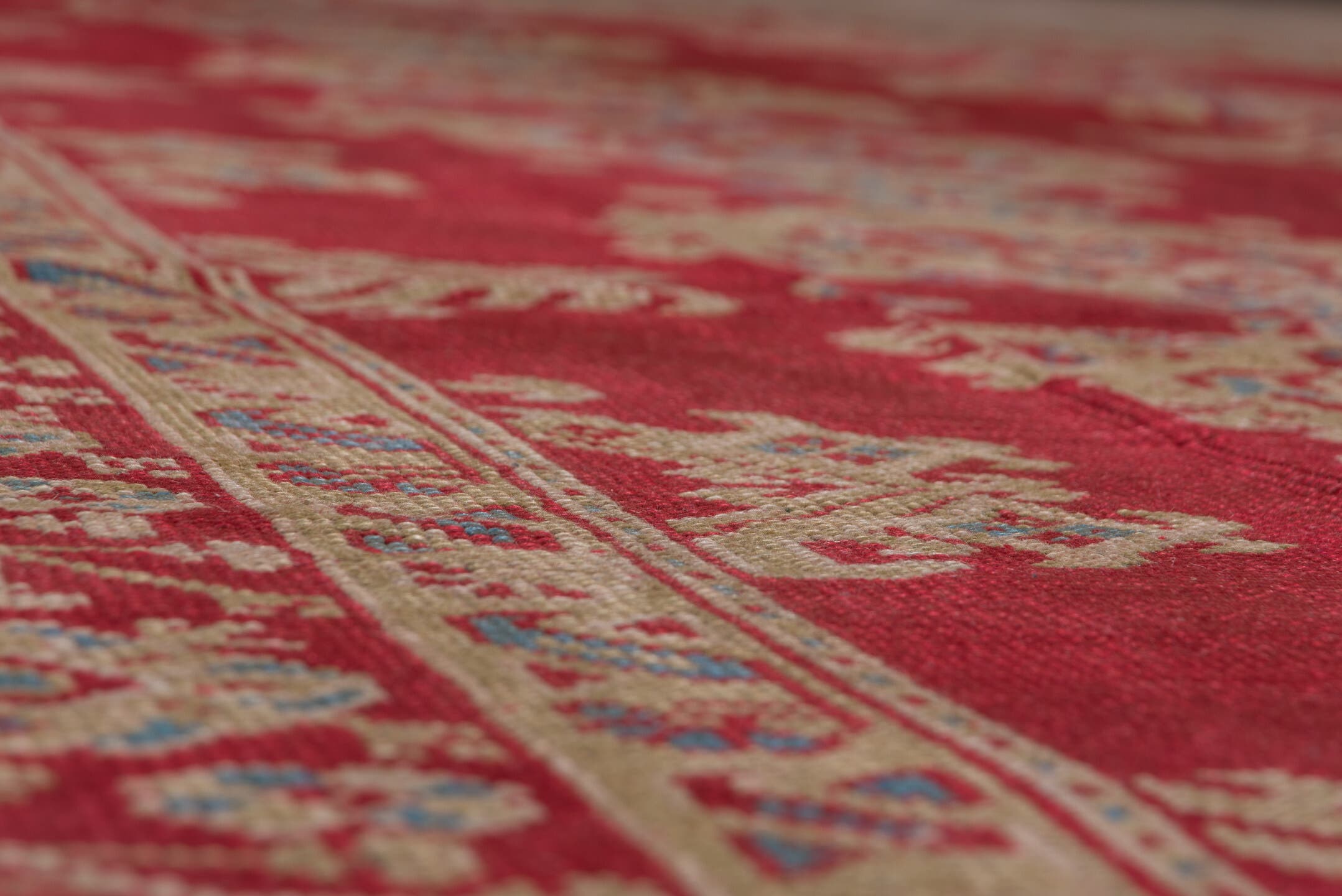 10' x 14' one-of-a-kind handmade antique Oushak large size rug. Color palette: red, ivory, blue, rose, coral, tan, pink
