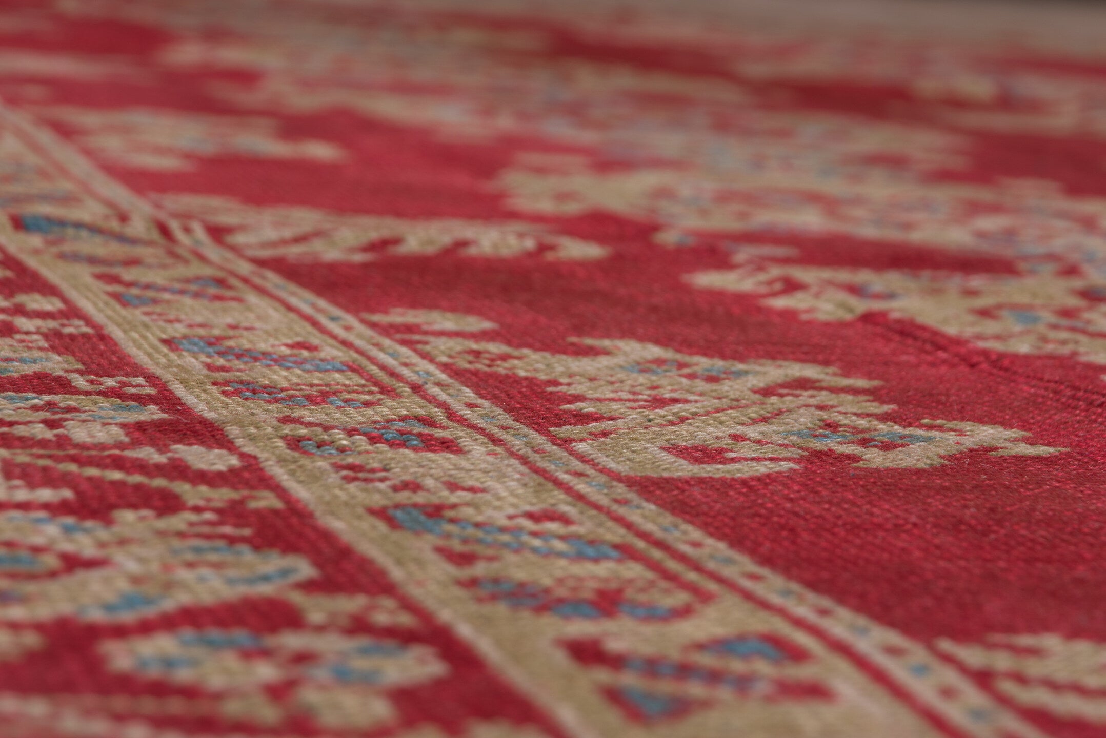 10' x 14' one-of-a-kind handmade antique Oushak large size rug. Color palette: red, ivory, blue, rose, coral, tan, pink